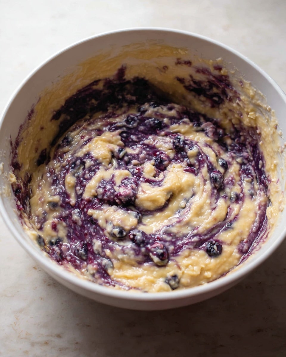 The image shows a white bowl filled with a thick, mixed batter that has creamy yellow and deep purple swirls, creating a marbled effect. The batter texture looks soft and slightly chunky with visible lumps and streaks of purple fruit, likely blueberries, spread unevenly throughout. The inside edges of the bowl have some batter clinging to them, showing the mixing process is underway. The bowl sits on a white marbled surface. photo taken with an iphone --ar 4:5 --v 7
