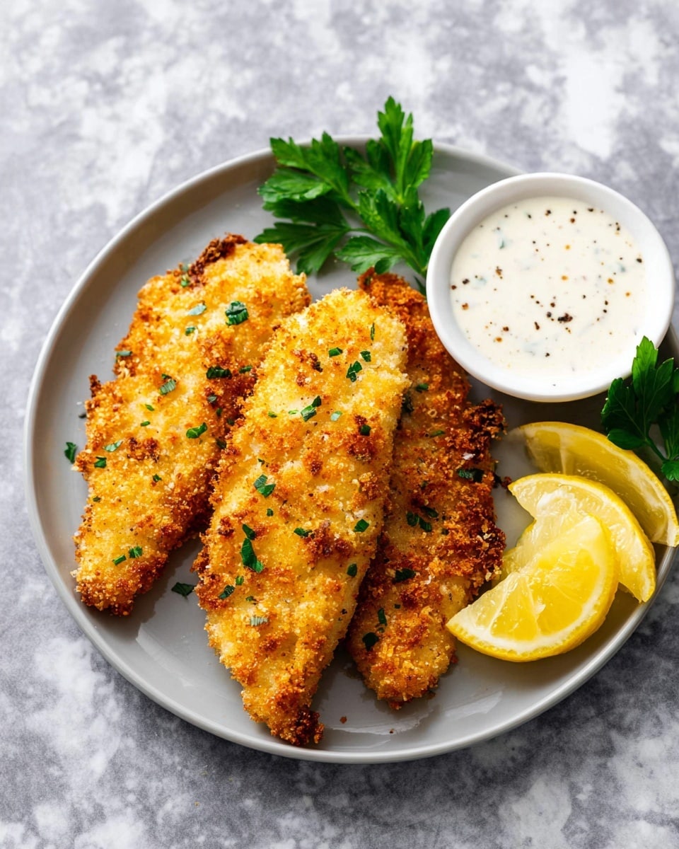 A white plate on a white marbled surface holds three pieces of golden brown, crispy fish fillets, each with a crunchy texture and small green herb bits sprinkled on top. To the upper right of the plate, there is a small white bowl filled with creamy white dipping sauce with small black specks. Next to the bowl, three bright yellow lemon wedges are arranged with a sprig of fresh green parsley for garnish. The photo taken with an iphone --ar 4:5 --v 7