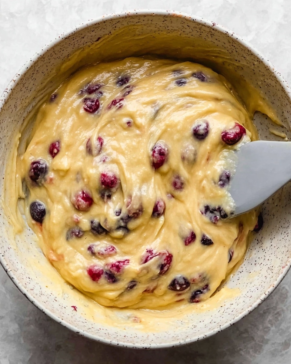 This image shows a close-up of thick, smooth yellow batter mixed with whole red and purple berries in a white speckled bowl. A light gray spatula is partially submerged in the batter on the right side, creating soft swirls and texture on the batter's surface. The batter looks creamy and dense with visible berry chunks spread evenly throughout. The background is a white marbled texture. photo taken with an iphone --ar 4:5 --v 7