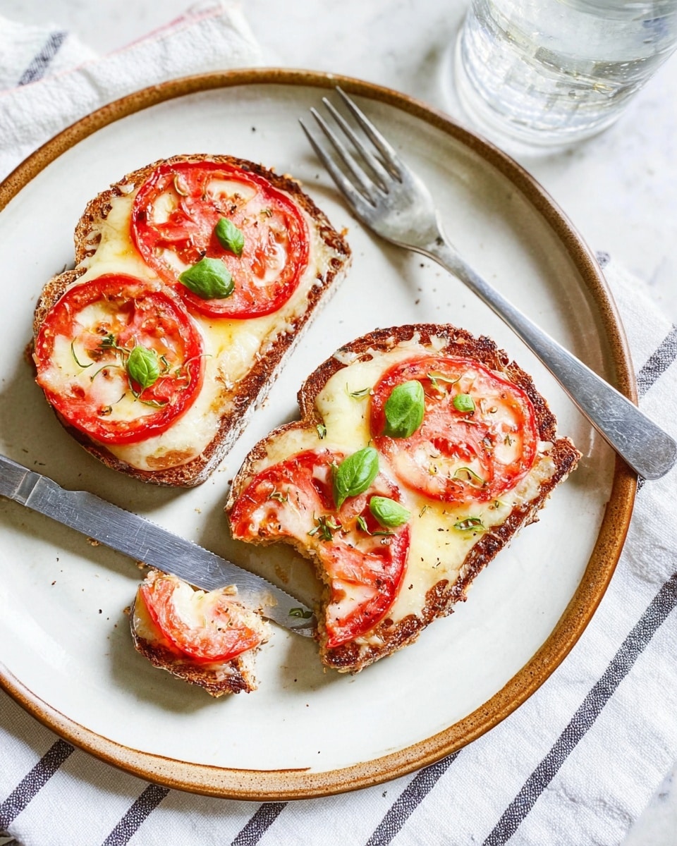 Two slices of toasted brown bread are on a white round plate with a thin brown rim, each topped with a layer of melted light yellow cheese, followed by thick red tomato slices, and finished with small green basil leaves scattered on top. The toast has a crispy texture with some browning at the edges. A silver knife and fork rest on the plate near the toast, with a small bite held by the fork. The plate sits on a white marbled surface with part of a striped cloth underneath, and a transparent glass of water is nearby. Photo taken with an iphone --ar 4:5 --v 7