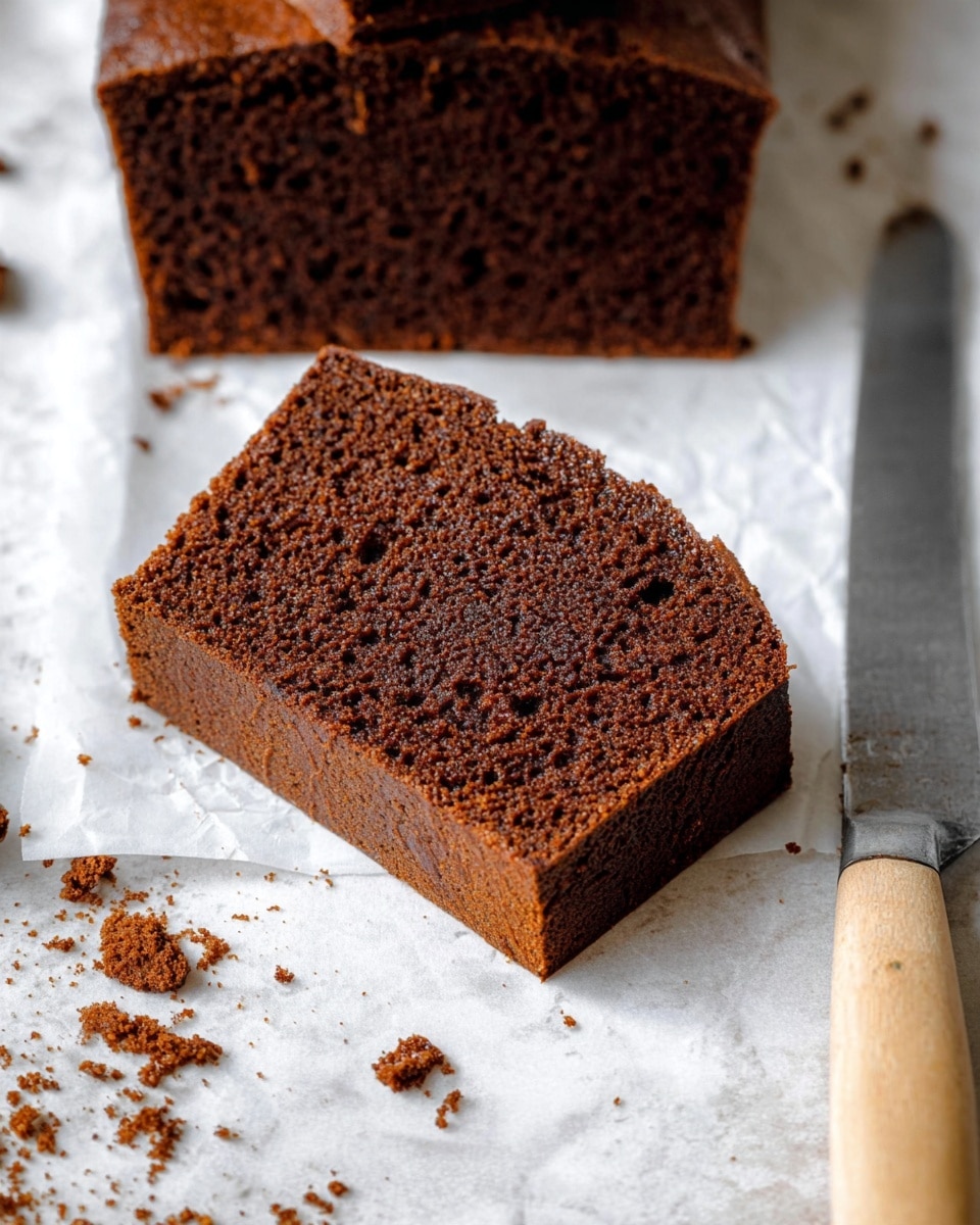 The image shows a close-up of a thick slice of dark brown cake with a soft and moist texture, resting on a white parchment paper placed on a white marbled surface. The cake has a slightly rough top with small cracks and a dense interior with tiny air holes evenly spread throughout. Next to the slice, there are a couple of more cake pieces stacked in the top left corner. Brown cake crumbs are scattered around the slice and on the white marbled surface. A knife with a light wooden handle lies on the bottom right, its blade partly visible. photo taken with an iphone --ar 4:5 --v 7