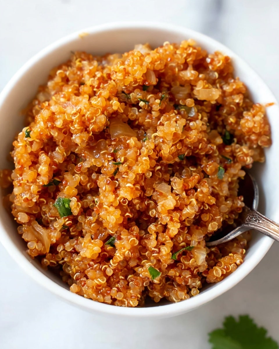 A close-up of a small white bowl filled with cooked quinoa that has a reddish-orange color, mixed with small pieces of cooked onion and tiny green herb bits. The quinoa grains are soft and fluffy, with some visible spirals on each grain. There is a silver spoon partially inside the bowl on the right side. The bowl sits on a white marbled surface with a small blur of green herb in the background. photo taken with an iphone --ar 4:5 --v 7
