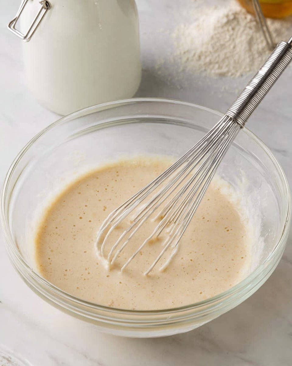 A clear glass bowl holds a pale beige batter with a smooth, creamy texture and tiny air bubbles throughout, showing it is well mixed. Inside the bowl is a silver metal whisk resting at an angle, partially submerged in the batter, with the batter lightly coating the whisk wires. The bowl sits on a white marbled surface, and in the background, there is a white jar with a metal clasp and some flour scattered nearby. The overall scene looks bright and clean. photo taken with an iphone --ar 4:5 --v 7