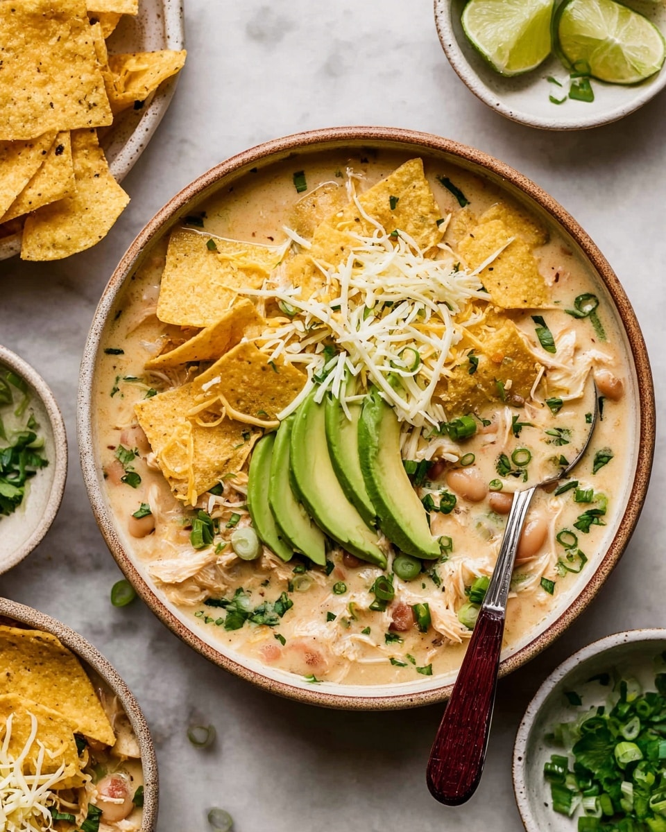 The image shows a bowl of creamy soup filled with chunks of chicken and beans, topped with several layers. The first layer on top of the soup has broken pieces of light yellow tortilla chips scattered unevenly. Above that, there are thin slices of light green avocado placed in small stacks around the bowl. Shredded white cheese is sprinkled over the chips and avocado. Thin, bright green slices of scallions and small bits of dark green chopped herbs are scattered to finish. The bowl itself is light brown and placed on a white marbled surface. Around the bowl, there are small white bowls, one with lime wedges, one with chopped herbs, and another with shredded cheese. A silver spoon with a dark wooden handle is placed inside the main bowl. Photo taken with an iphone --ar 4:5 --v 7