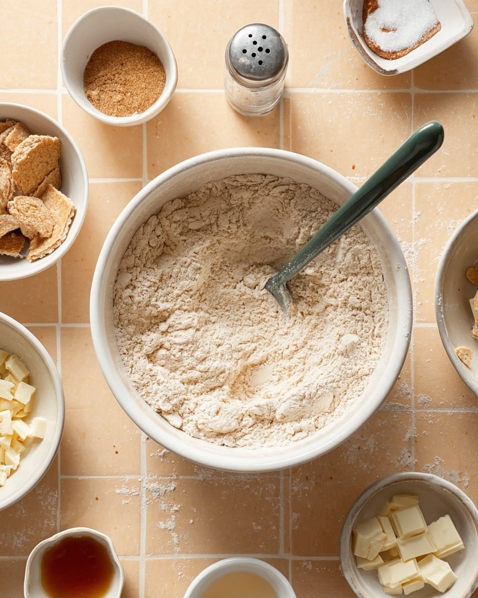 A white bowl in the center filled with a powdery beige flour mixture, partially stirred with a dark green spoon. Around it are several small white bowls and dishes with various ingredients: one dish contains broken light brown crackers, another holds white chocolate pieces, and others show traces of liquids or powders. A salt shaker is placed above the central bowl. All elements are set on a light tan tiled surface. The overall scene looks like a baking preparation area ready for mixing. Photo taken with an iphone --ar 4:5 --v 7