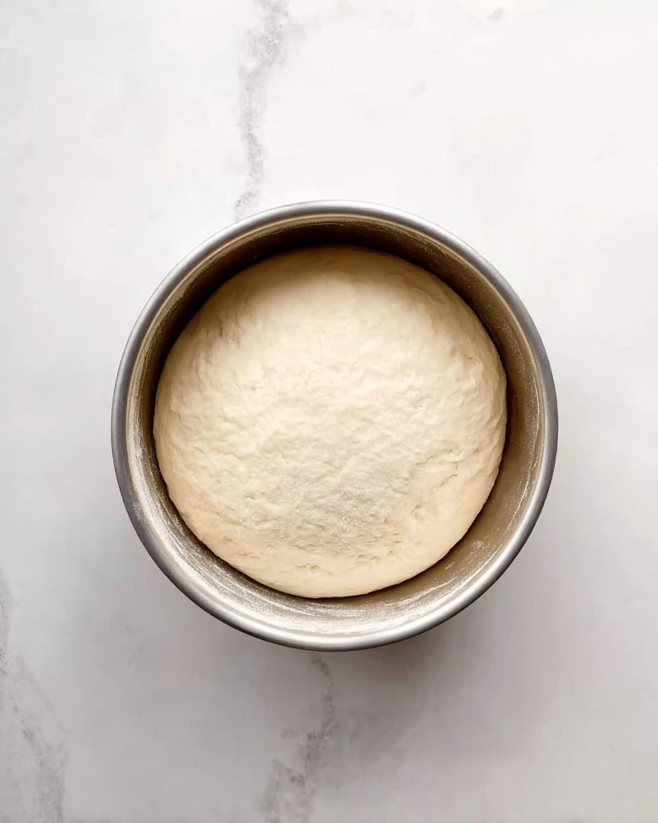 A metal bowl with a single round dough ball inside, the dough is smooth and pale cream in color, slightly risen to fill most of the bowl's bottom space. The bowl is placed on a surface with a white marbled texture, showing soft gray veins. The dough has a soft, fluffy texture and appears evenly shaped with a slight dome on top. photo taken with an iphone --ar 4:5 --v 7
