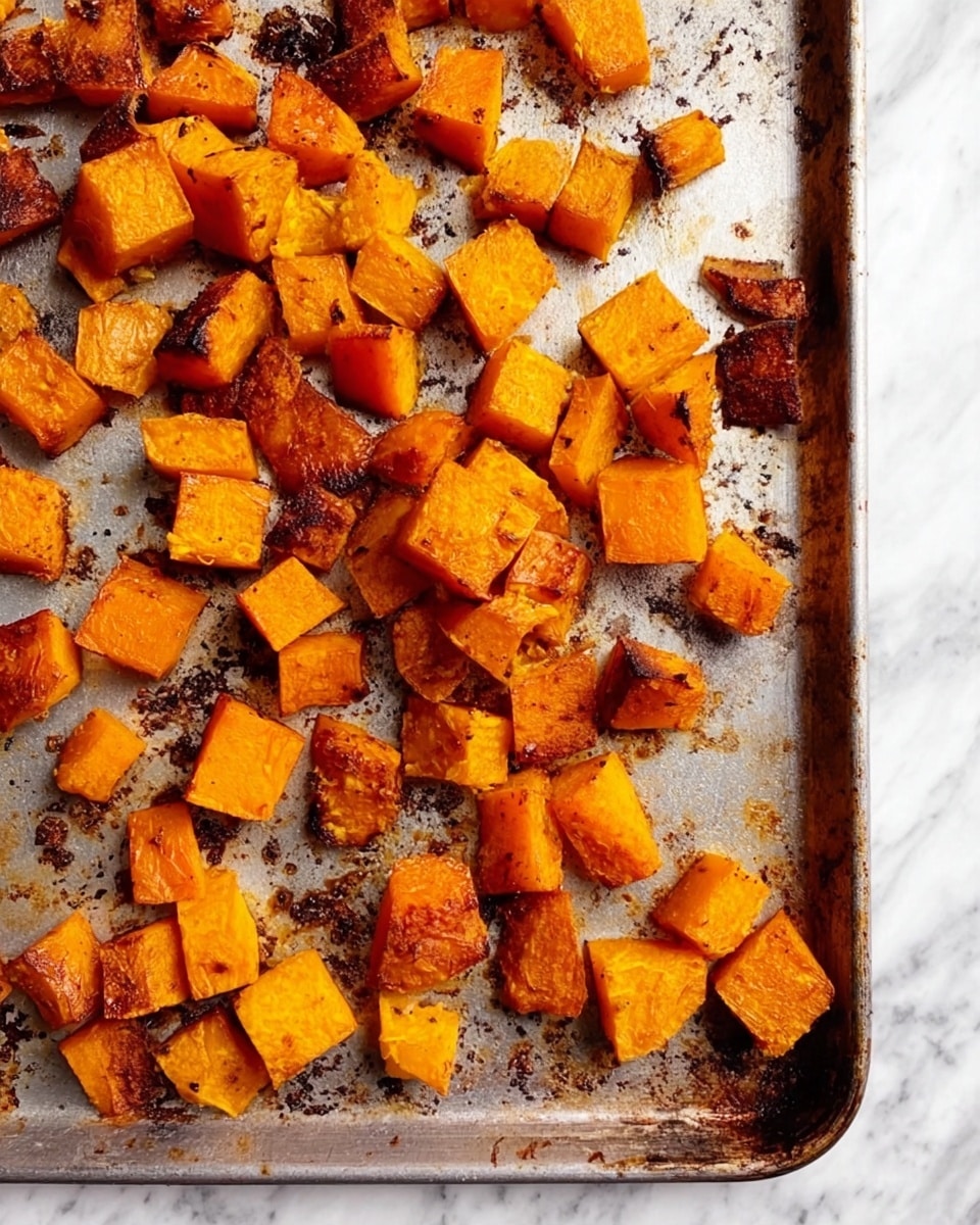 The image shows a baking sheet covered with small, cubed pieces of roasted orange squash. The cubes are uneven in size and have a mix of textures, some soft and bright orange, others with a darker, crispy, browned surface. The light charring creates a contrast between the deeper orange and golden-brown areas. The baking sheet is metal and has scattered burnt spots and residue, showing the cooking process clearly. The overall look is warm and rustic, with the white marbled background subtly visible around the edges. Photo taken with an iphone --ar 4:5 --v 7