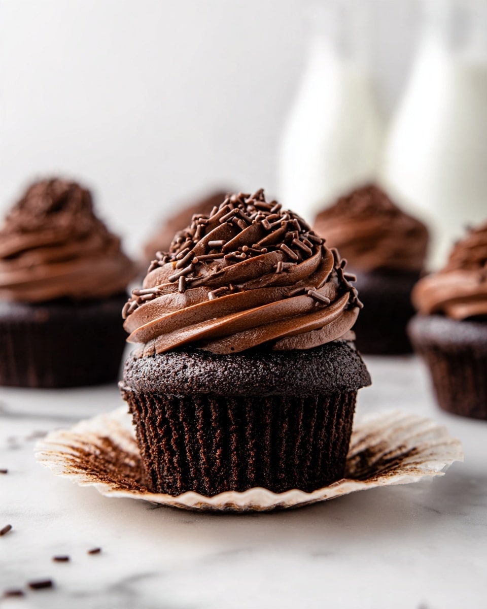 A rich chocolate cupcake sits in the center with its light beige wrapper peeled down, showing the dark, moist cake. On top, there is a thick swirl of glossy chocolate frosting layered in two main rings, covered with small chocolate sprinkles. Around it, three more cupcakes with similar frosting and dark cake are blurred, placed on a white marbled surface. In the background, two blurry white glass bottles add softness to the scene. The whole image has a clean and bright look with soft shadows. Photo taken with an iphone --ar 4:5 --v 7