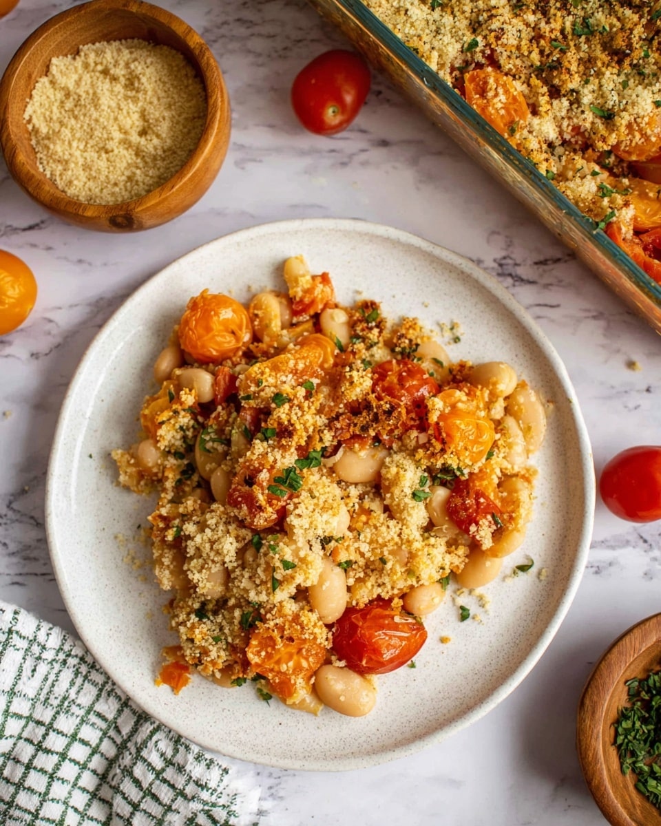 A close-up view of a white plate filled with a baked dish featuring a mix of white beans, small whole cherry tomatoes in orange and red hues, and a layer of golden brown crispy breadcrumbs on top, garnished with small green herb pieces scattered throughout. The texture is soft with sprinkled crunchy bits and the colors vary from light beige beans to warm orange tomatoes and golden topping. The plate sits on a white marbled surface with a wooden bowl of breadcrumbs and two loose tomatoes nearby, a glass baking dish filled with the same dish partly visible to the side, and a white cloth with green check pattern partially shown at the bottom. Photo taken with an iphone --ar 4:5 --v 7