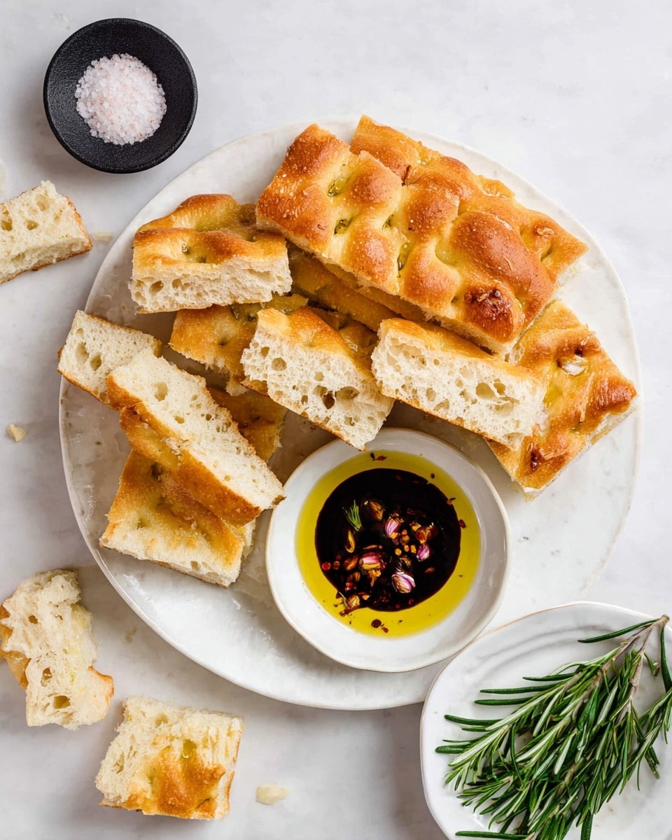 A white plate holds several pieces of golden brown focaccia bread cut into thick rectangular slices with a soft, airy texture showing through the inside. On the plate next to the bread is a small white bowl filled with a mixture of golden olive oil and dark balsamic vinegar, mixed with small pieces of garlic and spices. The plate is set on a white marbled surface, and nearby are a small black bowl filled with coarse white sea salt and a white dish with fresh green rosemary sprigs. Pieces of bread are scattered around the plate to add a casual look. Photo taken with an iphone --ar 4:5 --v 7