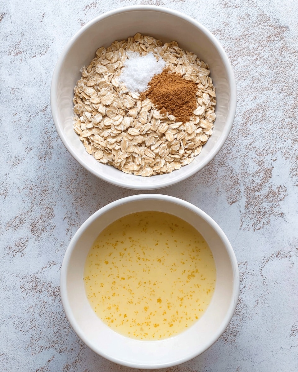 Two white bowls sit on a surface with a white marbled texture. The top bowl has light brown rolled oats filling most of it, with a small pile of cinnamon powder and white powder placed near the center. The bottom bowl contains a pale yellow liquid mixture with small darker yellow specks spread evenly throughout. The photo taken with an iphone --ar 4:5 --v 7