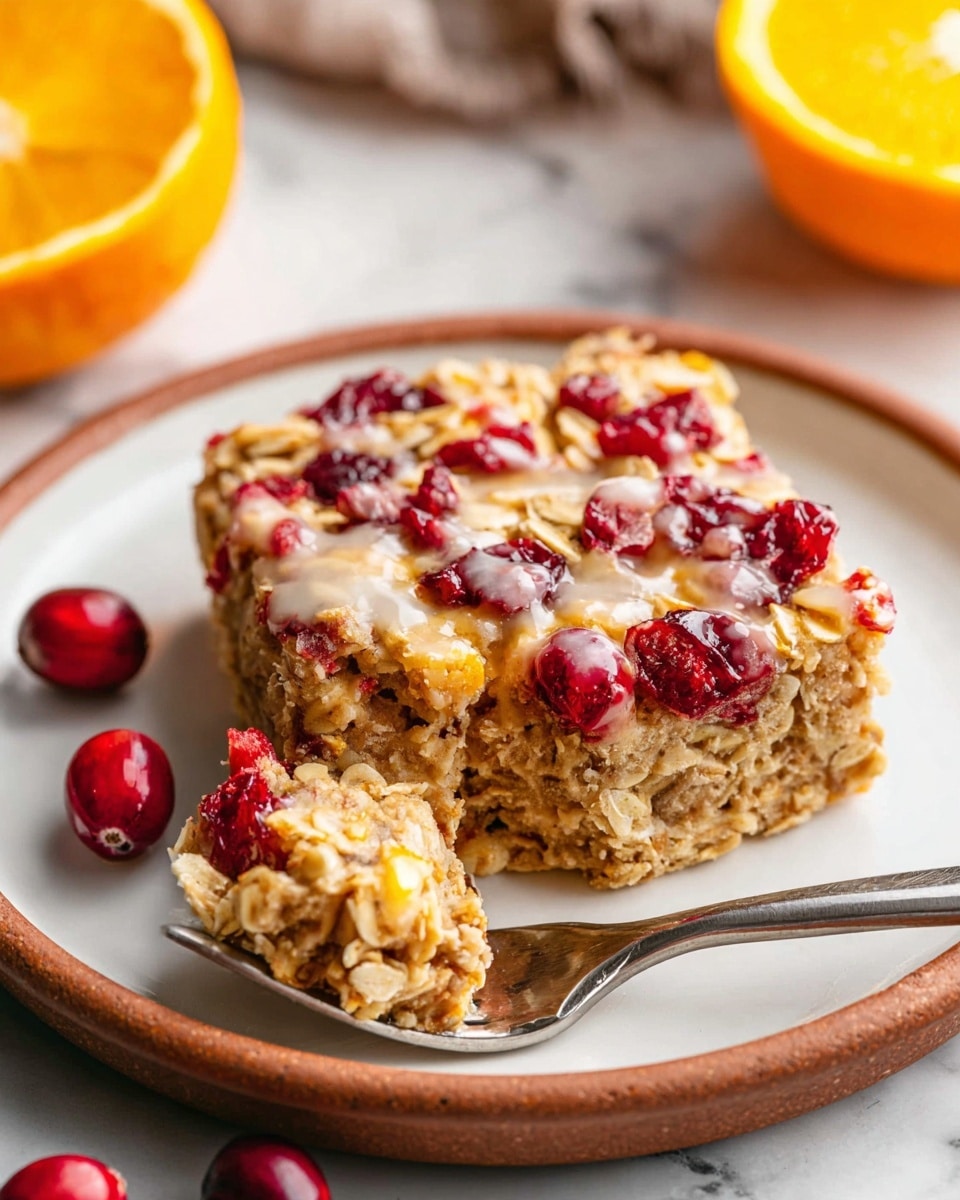 A square piece of baked oatmeal bar sits on a white plate with a brown rim, showing two layers: the bottom layer is a dense oatmeal mixture in light beige, and the top layer is dotted with bright red whole cranberries and visible oats, slightly shiny with a light glaze or drizzle on top. The fork holds a small piece of the oatmeal bar near the front edge of the plate. A few whole cranberries rest beside the bar on the plate, with a halved orange and whole orange blurred in the background above the plate. The surface beneath is a white marbled texture. Photo taken with an iphone --ar 4:5 --v 7