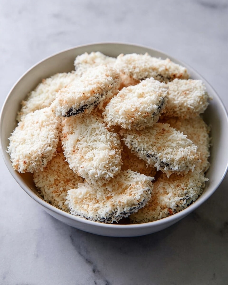 A white bowl filled with many oval-shaped pieces covered in a thick, flaky, white coating that looks like shredded coconut or panko crumbs, with dark edges visible underneath the coating layered unevenly; the texture looks rough and soft, and the bowl sits on a white marbled surface photo taken with an iphone --ar 4:5 --v 7
