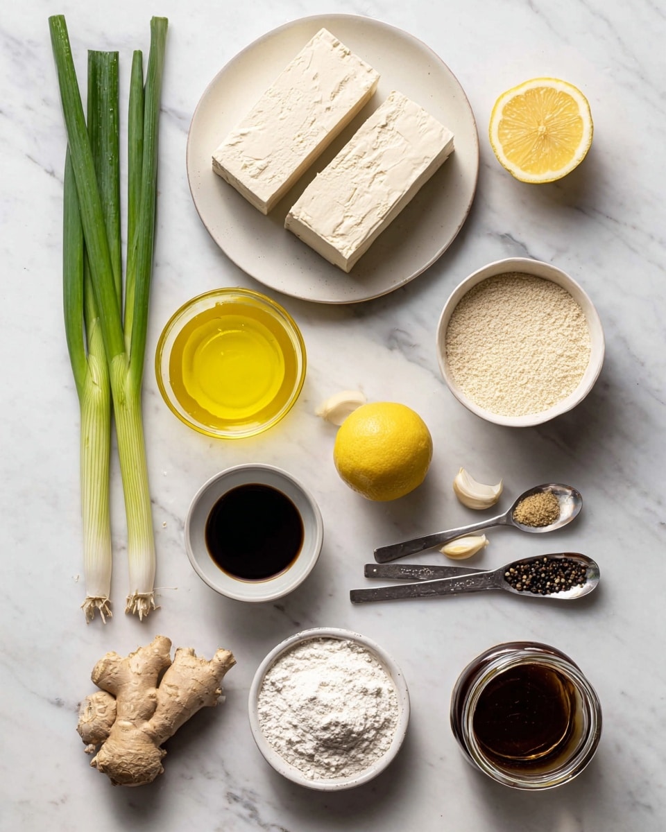 The image shows a white marbled surface with fresh and dry ingredients neatly arranged. There are two green onions with long stalks placed horizontally at the top, below which sits a white plate holding two rectangular blocks of tofu, creamy in color and slightly textured. To the right is a small white bowl filled with a grainy white substance, next to a small clear glass bowl of yellow oil. Below, a bright yellow lemon lies beside three peeled garlic cloves. Next to these is a piece of knobby ginger root in light brown. Below, a white plate with white flour is surrounded by a small jar of dark brown sauce and two metallic measuring spoons containing black pepper and sesame seeds, all neatly spaced on the white marbled background. Photo taken with an iphone --ar 4:5 --v 7