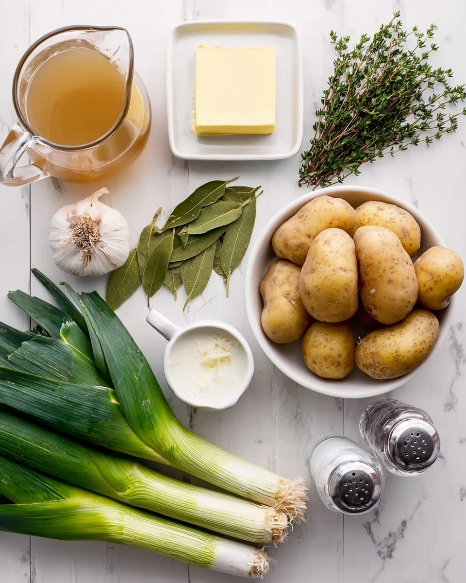 The image shows raw ingredients arranged neatly on a white marbled surface, including a glass jug of light brown broth in the top left corner, a white square dish with a light yellow block of butter to its right, bunches of green chives and thyme sprigs nearby, a white bowl filled with several whole light brown potatoes in the top right corner, fresh green bay leaves below the broth, a small white pitcher with white cream next to the bay leaves, a whole garlic bulb with purple streaks near the cream, two whole fresh leeks with a gradient of white to green placed horizontally at the bottom, and a pair of clear salt and pepper shakers on the bottom right side photo taken with an iphone --ar 4:5 --v 7