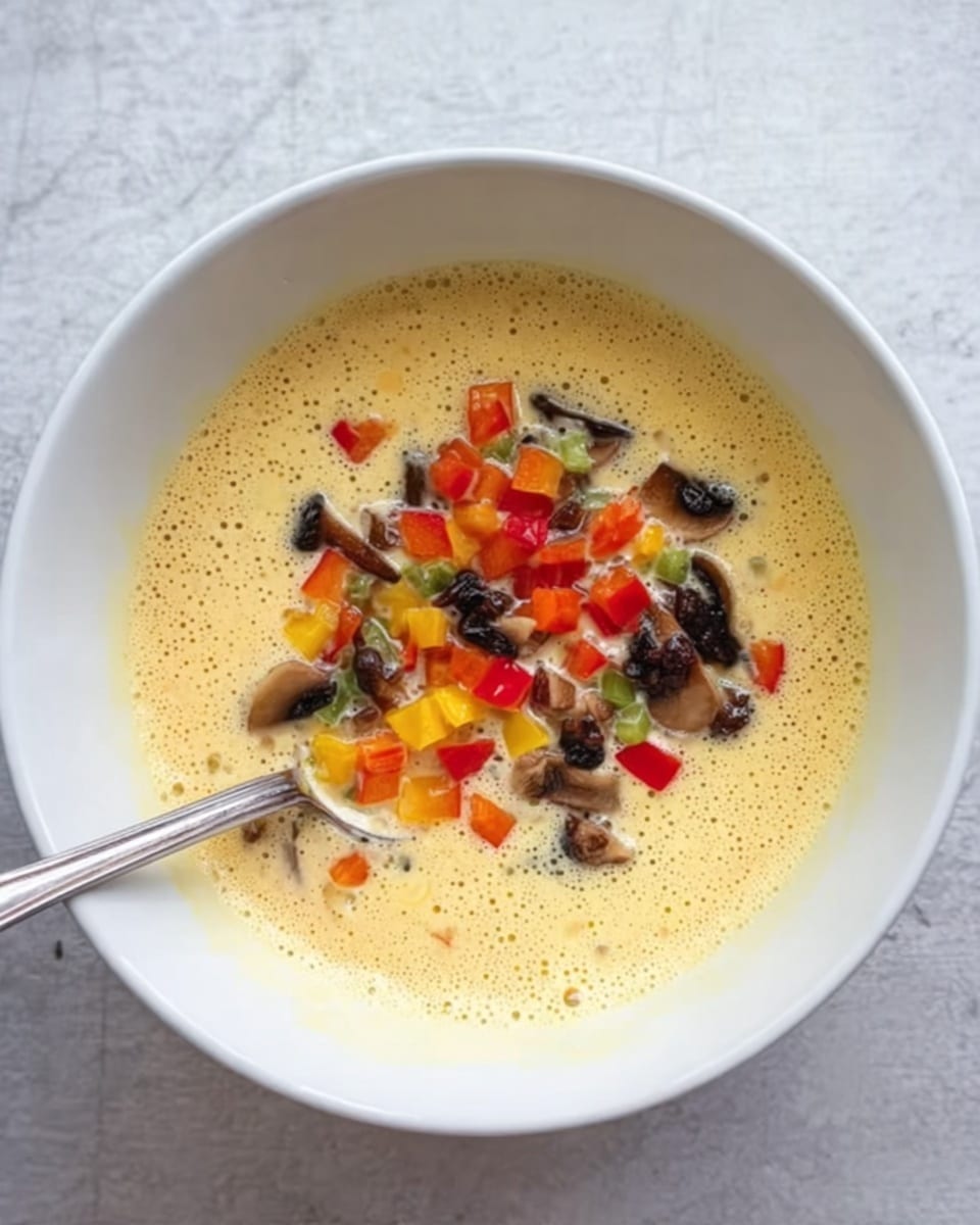 A white bowl filled with light yellow, frothy batter with visible bubbles around the edges. On top of the batter, there are small colorful chopped vegetables including red bell peppers, orange and yellow pieces, dark brown mushrooms, and some green bits scattered in the center. A silver spoon is placed inside the bowl, resting on the left side. The bowl sits on a white marbled surface. photo taken with an iphone --ar 4:5 --v 7