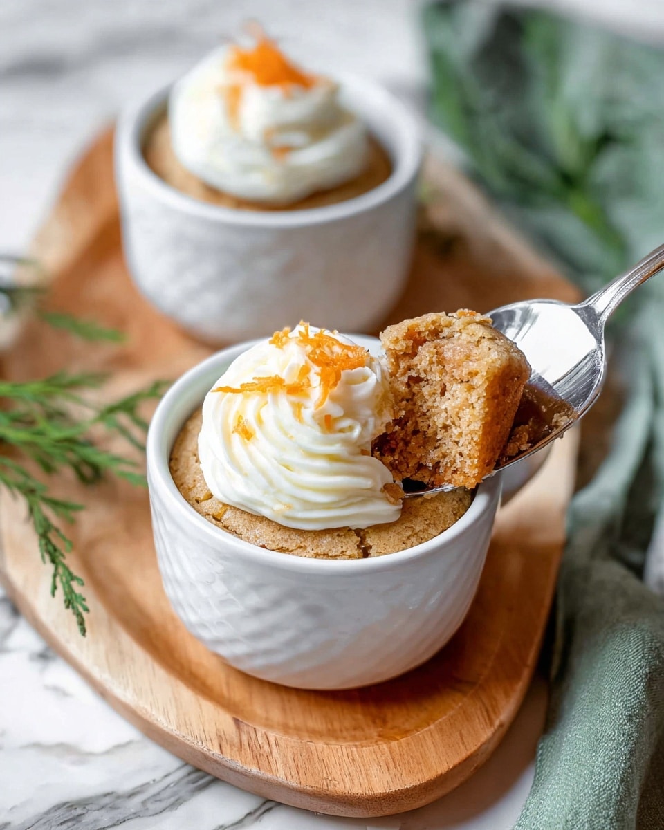 Two white textured mugs sit on a light wooden board with one closer to the camera. Each mug holds a soft, light brown cake layer with a moist texture and small visible bits, topped with a dollop of smooth white cream in a swirl shape. Bright orange shreds are sprinkled on top of the cream for color contrast. A silver spoon lifts a piece of cake from the mug closer to the camera, showing the fluffy inside. The setting rests on a white marbled surface with a hint of green cloth and small sprigs of greenery around. Photo taken with an iphone --ar 4:5 --v 7