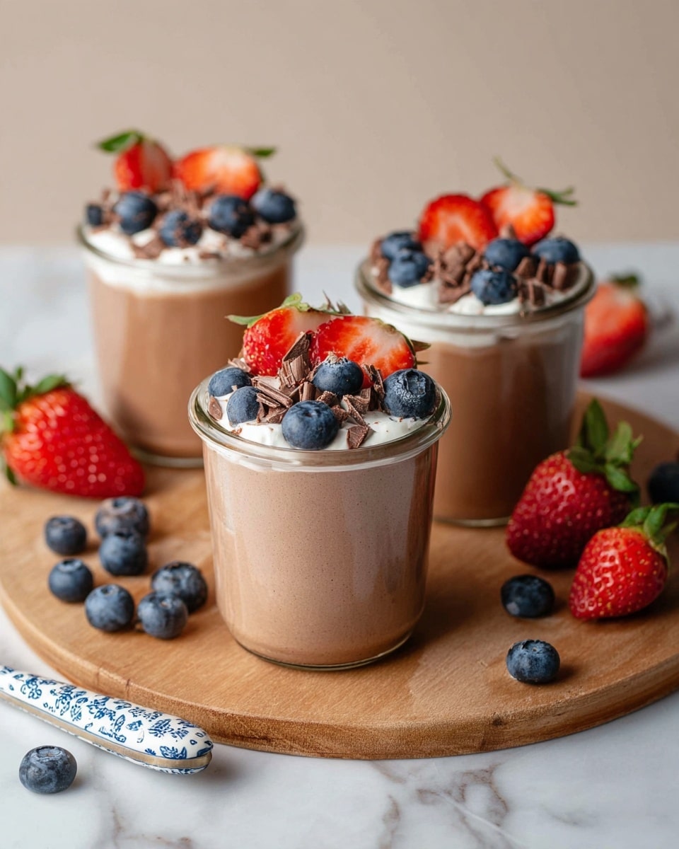 Three clear glass jars filled with light brown chocolate mousse sit on a round wooden board against a white marbled surface. Each jar has a smooth, creamy mousse base topped with a layer of white whipped cream, decorated with fresh blueberries and sliced red strawberries scattered on top along with small shavings of chocolate. Around the jars, ripe whole strawberries and blueberries are scattered on the marble surface, and a knife with a white and blue patterned handle rests nearby. Photo taken with an iphone --ar 4:5 --v 7