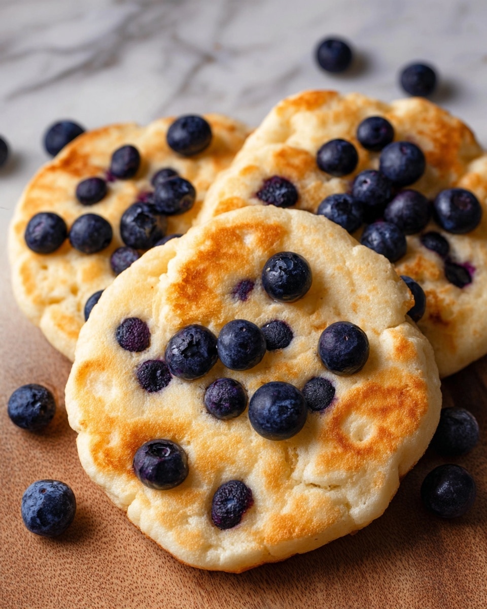 The image shows three light golden brown cloud-like round pancakes with a soft, airy texture, each topped with several whole dark blue blueberries scattered evenly across the surface. The pancakes have a slightly uneven and puffy look, highlighting their fluffy nature. The blueberries add a deep purple-blue color contrast on top of the warm-toned pancakes. The pancakes rest on a white marbled textured surface with some loose blueberries placed nearby, giving a fresh and inviting detail. Photo taken with an iphone --ar 4:5 --v 7