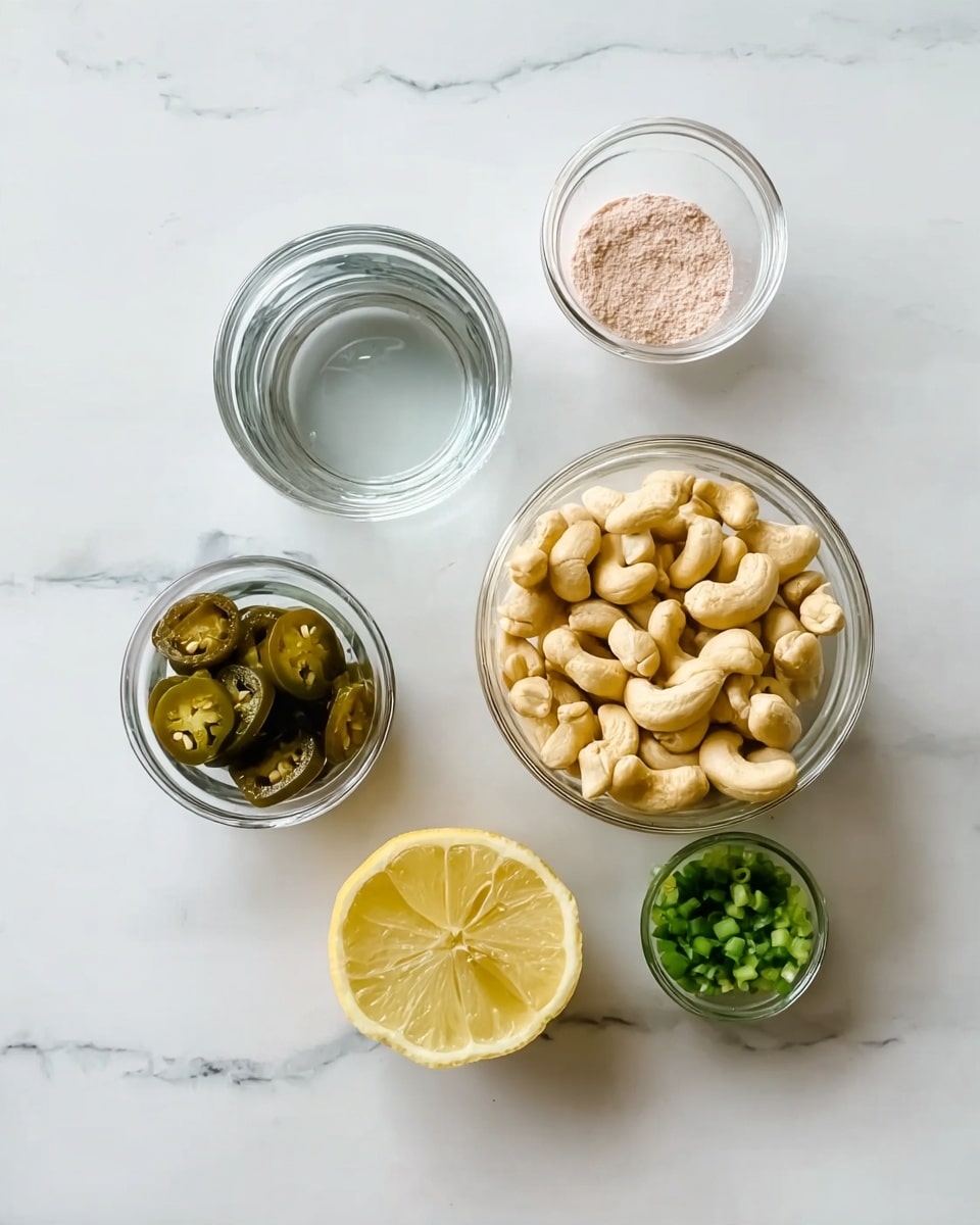 The image shows five small clear glass bowls arranged on a white marbled surface. The largest bowl, placed slightly right of center, is filled with whole cashew nuts that are pale yellow and smooth. Above it is a smaller bowl with a light pink powder, and to the top left is a bowl with clear water. Below the water is a bowl with a few dark green pickled jalapeño slices. Below and slightly left of the cashews is half a lemon with bright yellow flesh facing up. To the lower right side of the lemon, there is another small bowl containing finely chopped green jalapeño pieces, adding a bright green contrast. photo taken with an iphone --ar 4:5 --v 7