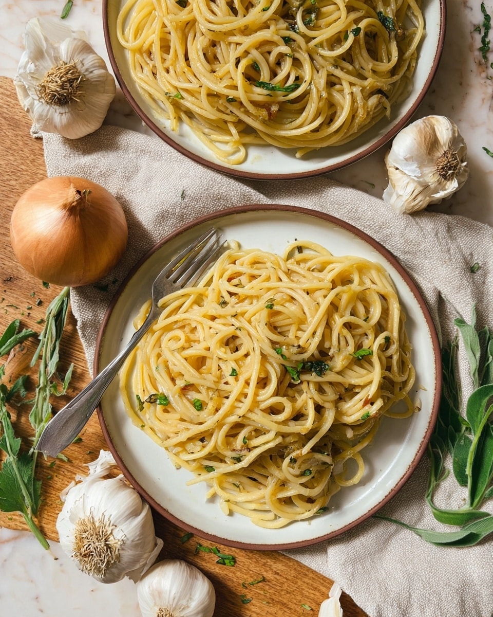 Two white plates with brown rims hold servings of spaghetti mixed with cooked onions and small green herb leaves, scattered lightly on top. The spaghetti is yellowish with a soft texture, slightly glossy from sauce or oil. A silver fork rests on the plate in the lower part of the image. Around the plates on the wooden table, whole garlic bulbs with some loose cloves and a brown onion sit on a light beige cloth, with fresh green herb sprigs scattered nearby. The surface beneath everything is a white marbled texture. photo taken with an iphone --ar 4:5 --v 7