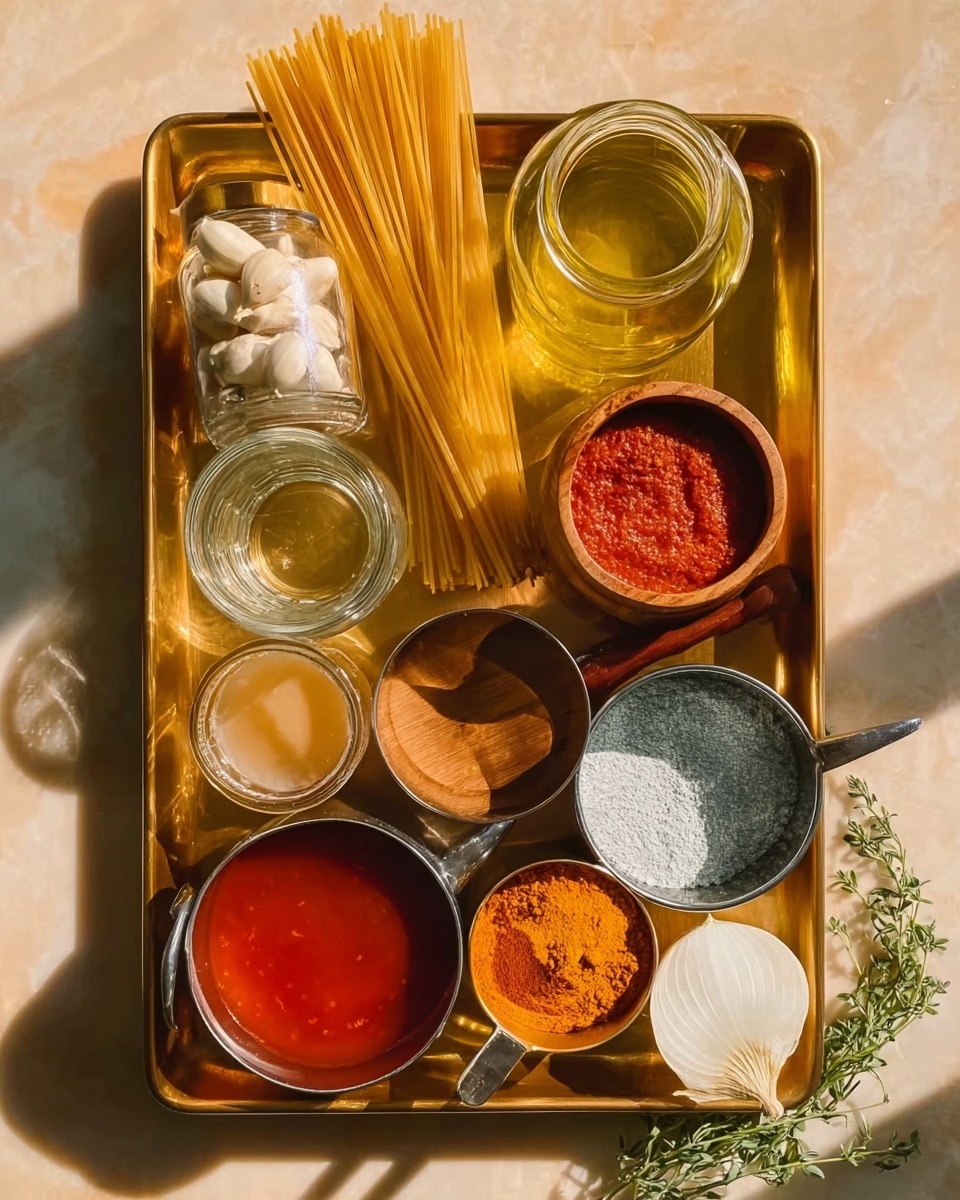 A top-down view of a rectangular golden metal tray with various ingredients inside; at the top left, a clear glass jar filled with uncooked spaghetti sticks stands upright, next to three whole garlic cloves near the center top. Below them, there is a glass jar with pale yellow oil and to its right, a wooden mortar with its lid slightly open. On the lower left side of the tray, a glass container holds a light brown liquid, and next to it, a metal measuring cup is filled with a red powder. Adjacent to this, a small round metal cup contains a bright orange powder or paste. Below the tray's center, another metal cup has a blue-gray powder, and next to it, a white folded onion slice lies on the tray, partially inside it. There is also a container with bright red tomato sauce near the bottom left and some sprigs of fresh green herbs resting partly outside the tray at the bottom left corner. The whole setup is on a white marbled surface with warm, natural light creating soft shadows. Photo taken with an iphone --ar 4:5 --v 7