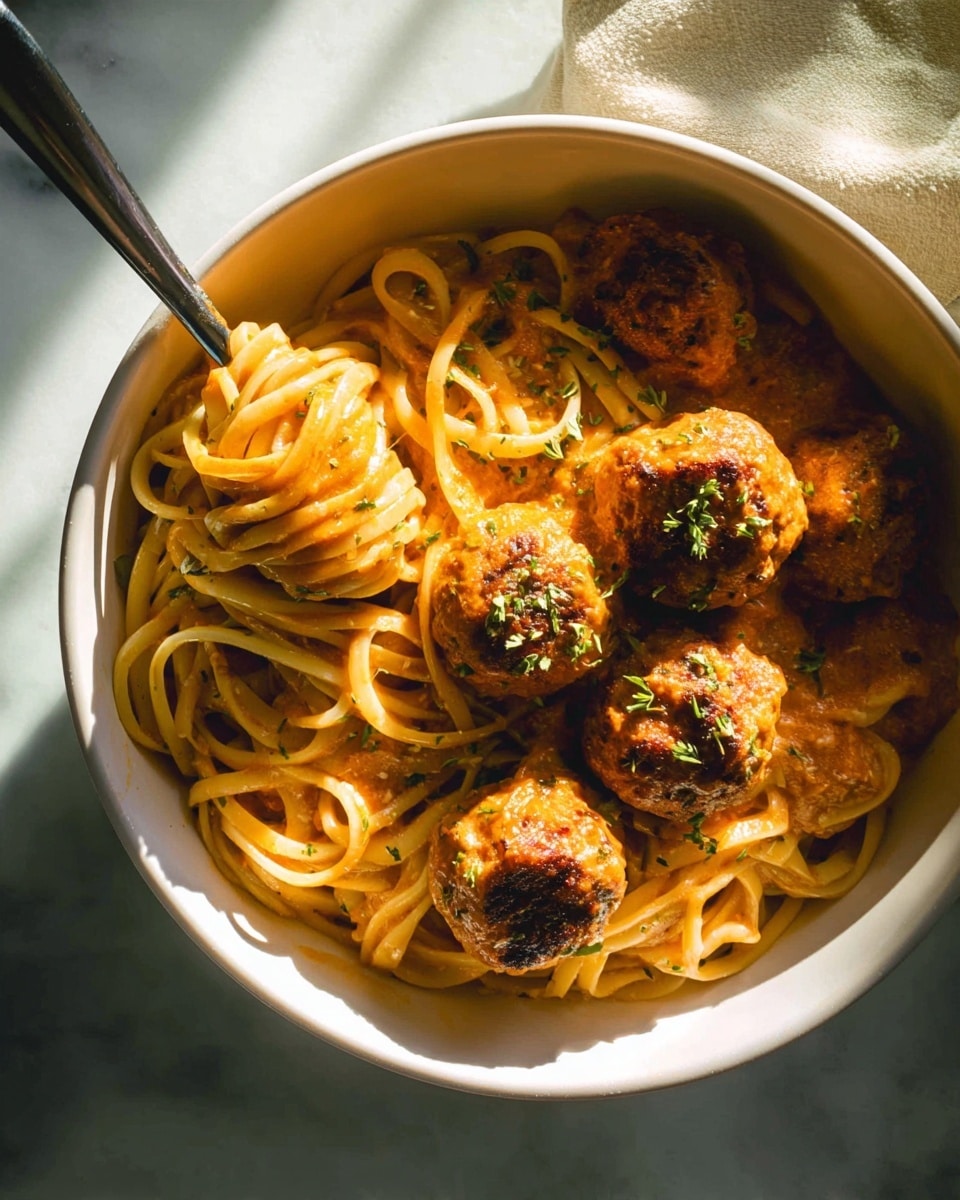 A white bowl is filled with yellowish spaghetti noodles covered by a thick orange sauce. On top, there are five browned meatballs with a slightly crispy texture, sprinkled with small green herb pieces. A spoon inside the bowl holds a twisted bundle of spaghetti, partially soaking in the sauce. The background has a white marbled texture with soft natural light shining over the food. Photo taken with an iphone --ar 4:5 --v 7