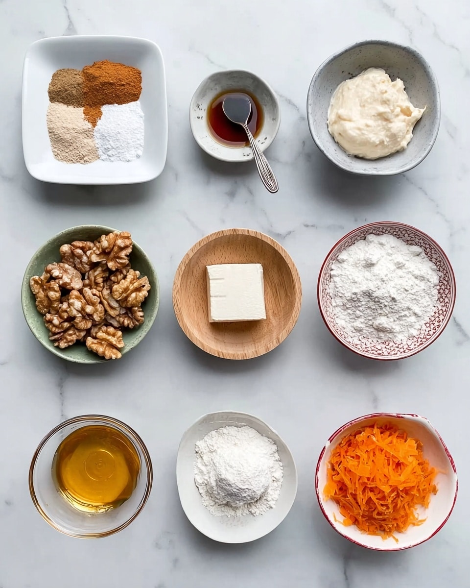 The image shows nine small bowls and dishes arranged in a grid on a white marbled surface. Starting from the top left, a white square dish holds four powders: white, light brown, and two darker brown spices. To its right is a small white bowl with a gray rim, filled with a creamy white substance. Next, a small white bowl contains a dark brown liquid with a spoon resting inside. In the middle row, the left bowl is white with a green rim, holding whole walnuts. The center bowl is a light wooden round bowl filled with white powder. To the right is a white bowl with a dark gray inside, holding a solid white fat-like substance. On the bottom, a clear glass bowl contains golden syrup. Next to it, a white bowl with a red rim holds shredded orange vegetable resembling carrot. To the right, a similar white bowl with a red rim contains white flour. Photo taken with an iphone --ar 4:5 --v 7
