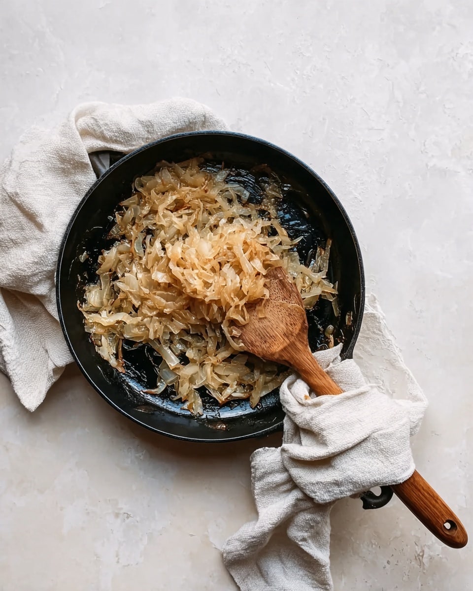 A dark round cast iron pan sits on a surface with white marbled texture, filled with softened, light golden brown caramelized onions spread unevenly inside. A wooden spatula with a smooth light wood grain handle rests inside the pan, partially lifting some of the onions. The pan’s handle is wrapped in a soft, white cloth towel, adding a cozy touch to the scene. photo taken with an iphone --ar 4:5 --v 7