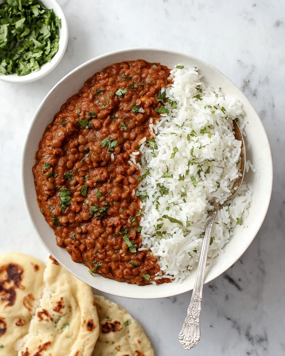 A white bowl filled with two main layers: on the left side, a thick, reddish-brown lentil stew sprinkled with small green herb pieces, showing a slightly chunky, soft texture; on the right side, fluffy white rice with small green herb bits mixed in, creating a light contrast to the rich lentils. A detailed silver spoon rests in the bowl on the rice side. Nearby on the white marbled surface, to the top left, a small white dish contains fresh green chopped herbs, and to the bottom right, pieces of soft, light beige flatbread with browned spots are placed casually. photo taken with an iphone --ar 4:5 --v 7