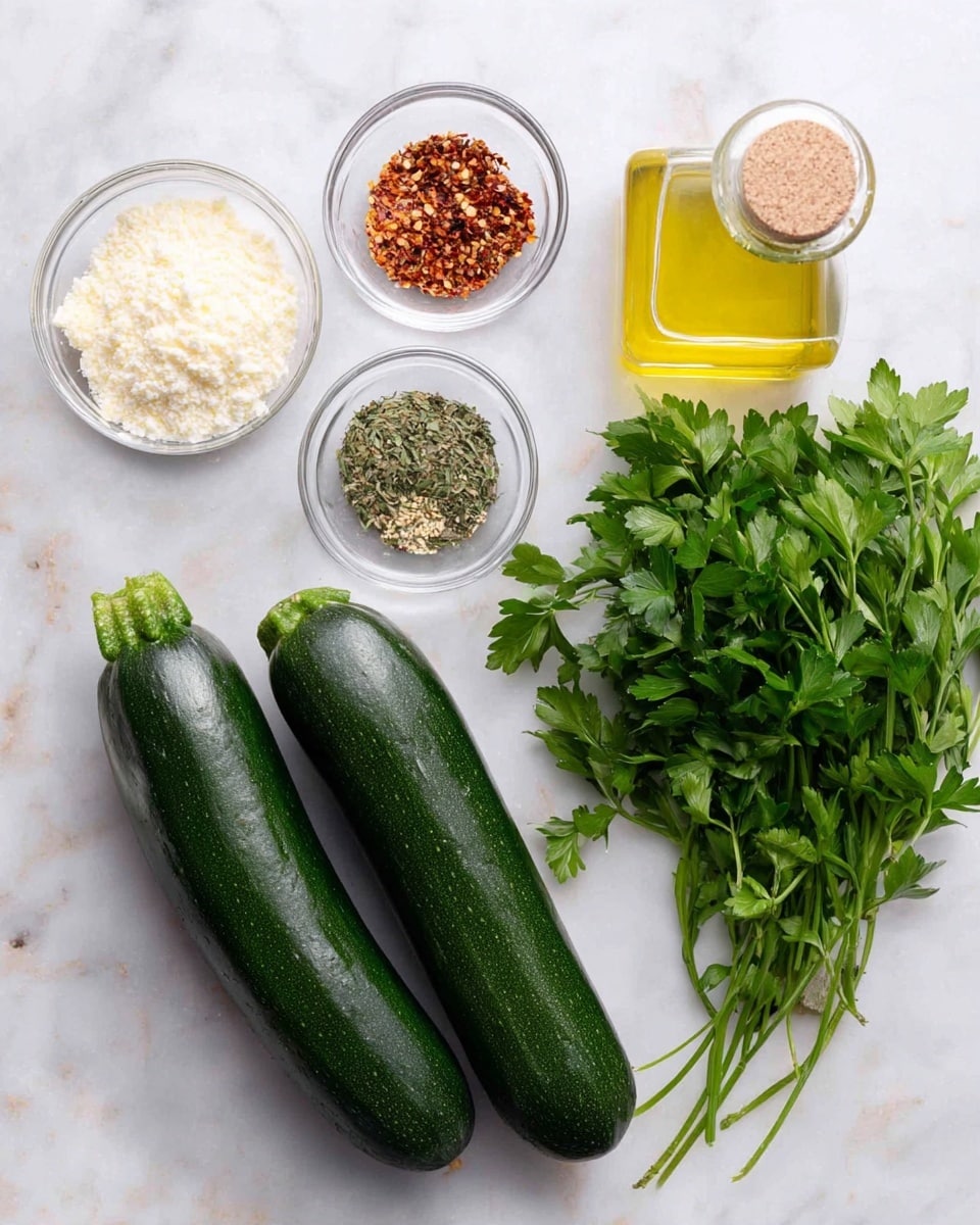 The image shows an overhead view of fresh ingredients arranged on a white marbled surface. In the center, there are two dark green zucchinis placed side by side. To the left, there are two small clear glass bowls, one filled with a white granular cheese and the other with red chili flakes. To the right of the zucchinis, there is a bunch of bright green parsley with leafy stems, a small clear glass bowl containing a mix of dried herbs and spices, and a square glass container of light yellow olive oil with a small round lid on top. The colors range from deep green to light yellow with a mix of textures from granular, leafy, and smooth glass surfaces. photo taken with an iphone --ar 4:5 --v 7