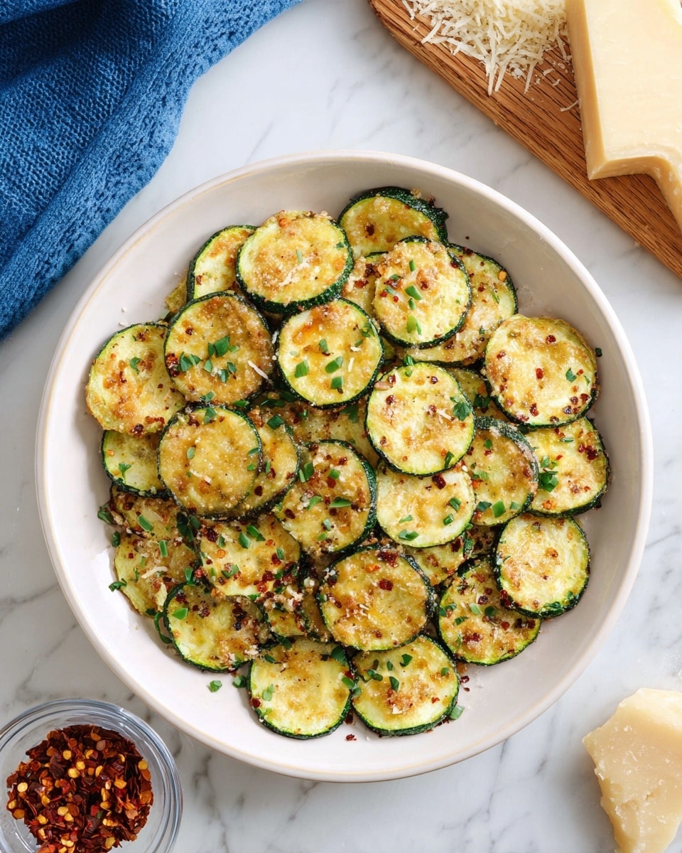 A white plate filled with one layer of golden roasted zucchini slices, each slice showing slight browning and crispy edges, sprinkled evenly with small flakes of red chili and chopped green herbs. The plate sits on a white marbled surface alongside a wooden board with grated and a block of hard cheese, and a small clear bowl of red chili flakes nearby, with a corner of a blue cloth visible at the top left. photo taken with an iphone --ar 4:5 --v 7