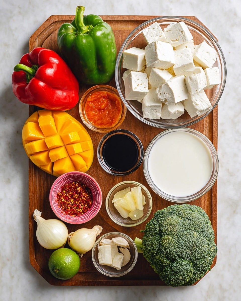 A wooden tray holds an assortment of fresh and vibrant ingredients, all set on a white marbled surface. In the top right, a clear glass bowl is filled with many white, firm tofu cubes. Below it, a round glass bowl contains thick white coconut milk with a few chunks floating inside. To the right of the coconut milk, there is a small glass bowl with dark soy sauce and another small glass bowl filled with bright red chili paste. On the left side of the tray, there are three whole bell peppers: one green on top, one red in the middle, and an orange mango with a crisscross pattern sliced into it nearby. Below them is a small pink bowl loaded with red chili flakes. At the bottom of the tray, two small yellow onions, a lime, three garlic cloves, a small glass bowl with pale yellow minced garlic or ginger, and a large, dark green head of broccoli are placed. The colors are natural and the textures range from smooth tofu cubes and creamy coconut milk to the rough skin of vegetables. Photo taken with an iphone --ar 4:5 --v 7