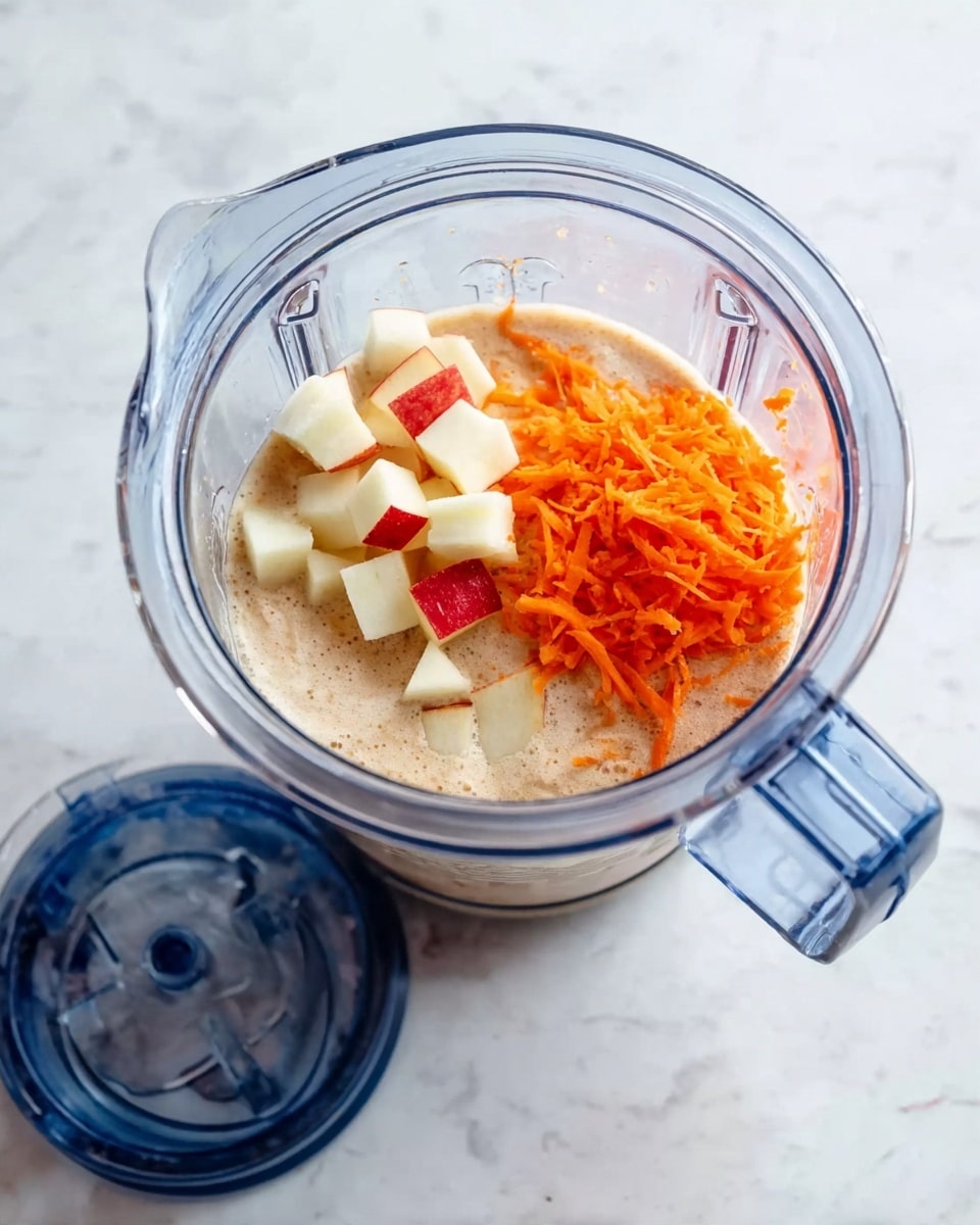 A clear blender jar sits on a white marbled surface, filled with three visible layers of ingredients: at the bottom is a pale beige liquid, topped on one side with small cubes of red and white apple pieces, and on the other side with a heap of bright orange shredded carrots. The blender lid rests nearby, showing its clear plastic top and blue rim. Photo taken with an iphone --ar 4:5 --v 7