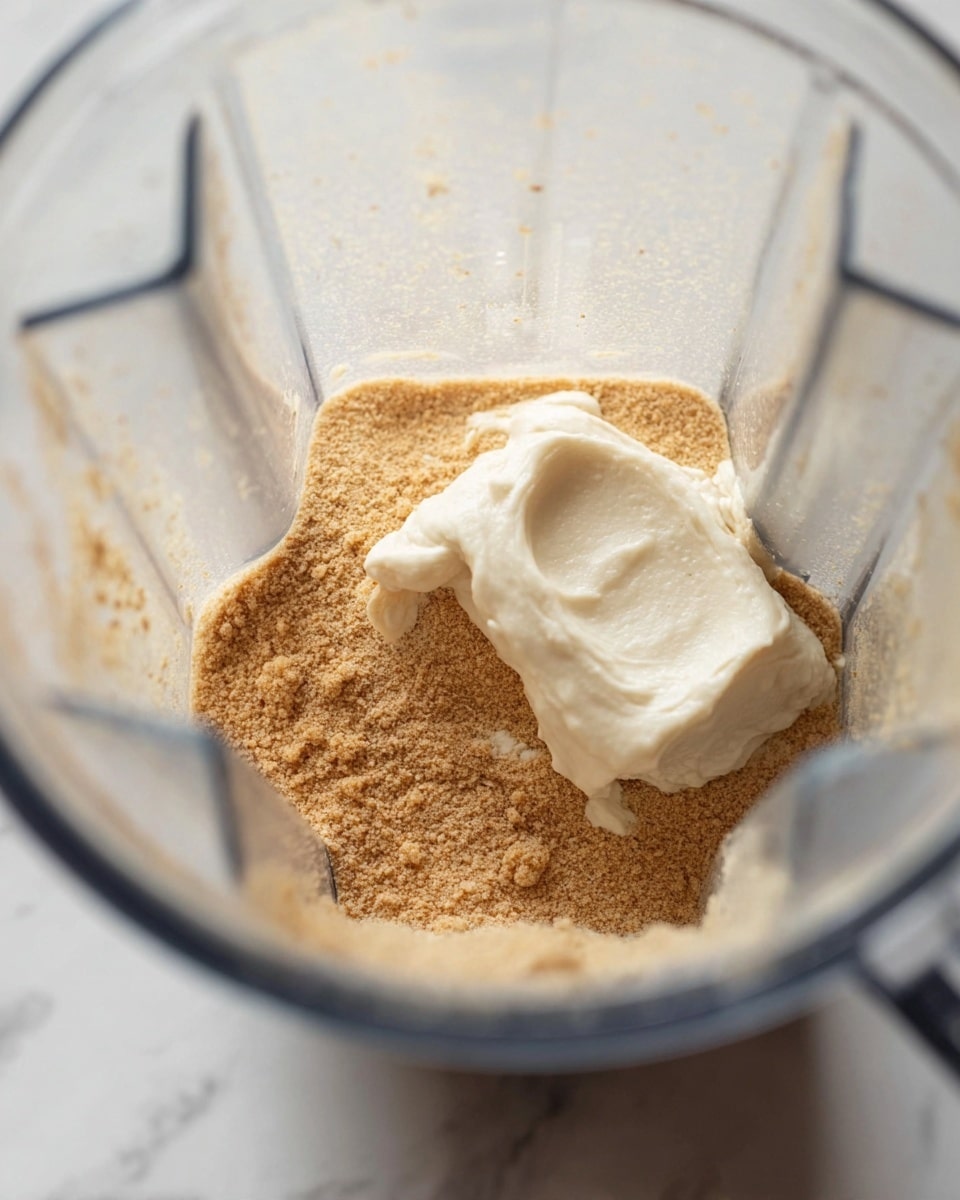 Inside a clear blender container, there are two main layers of ingredients. The bottom layer covers about half the base with a fine, light brown powder that looks dry and grainy. On top of part of this powder, there is a creamy, white and smooth dollop with a thick texture that partially blends into the powder. The blender container is angled, showing some inner ridges and reflections. The image is set on a white marbled surface. photo taken with an iphone --ar 4:5 --v 7