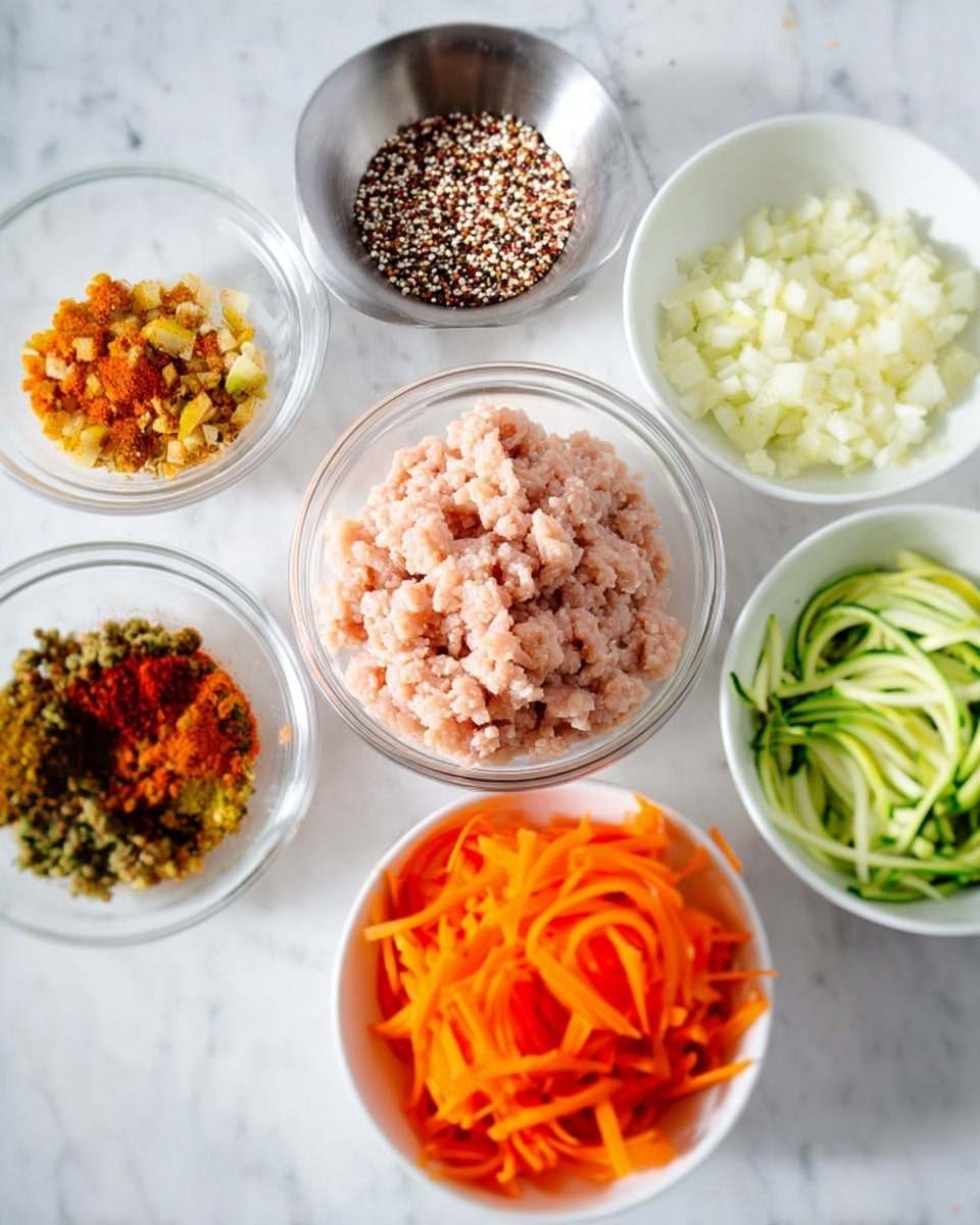 The image shows six bowls on a white marbled surface arranged in a loose circle. In the middle, there is a clear glass bowl with pale pink ground meat. Above and slightly right, a small metal bowl holds cooked multicolored quinoa with white, red, and black grains. To the right, a white bowl is filled with bright orange shredded carrots. Below it, another white bowl contains shredded green zucchini with dark green skin bits. On the left side, a white bowl displays a mix of three ground spices with shades of red, yellow, and green. Above that, a clear glass bowl has finely chopped white onions and minced pale yellow garlic. The light is bright and soft, highlighting the colors and textures clearly. Photo taken with an iphone --ar 4:5 --v 7