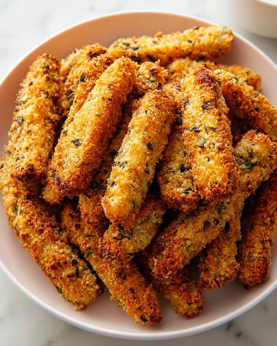 A white bowl filled with about twenty golden-brown crispy sticks, each stick coated in a crunchy breadcrumb layer with visible bits of green herbs and small dark seeds, showing a texture that is rough and slightly uneven with some darker, toasted spots. The sticks are piled closely together, some overlapping, creating a dense, textured look. The bowl is set on a white marbled surface. photo taken with an iphone --ar 4:5 --v 7
