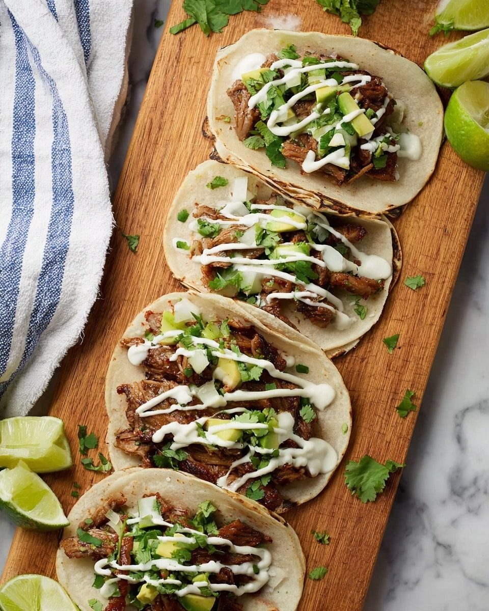 Five soft white flour tortillas are laid out on a wooden cutting board. Each tortilla holds a layer of cooked brown meat strips, topped with small green cilantro leaves scattered evenly. Small pieces of white onion and chunks of green avocado add texture and color on top of the meat. Thin lines of white sauce are drizzled in a zigzag pattern over all the tacos. The cutting board rests on a white marbled surface with lime slices and extra cilantro leaves beside it. A white and blue striped cloth is partially visible in the corner. Photo taken with an iphone --ar 4:5 --v 7