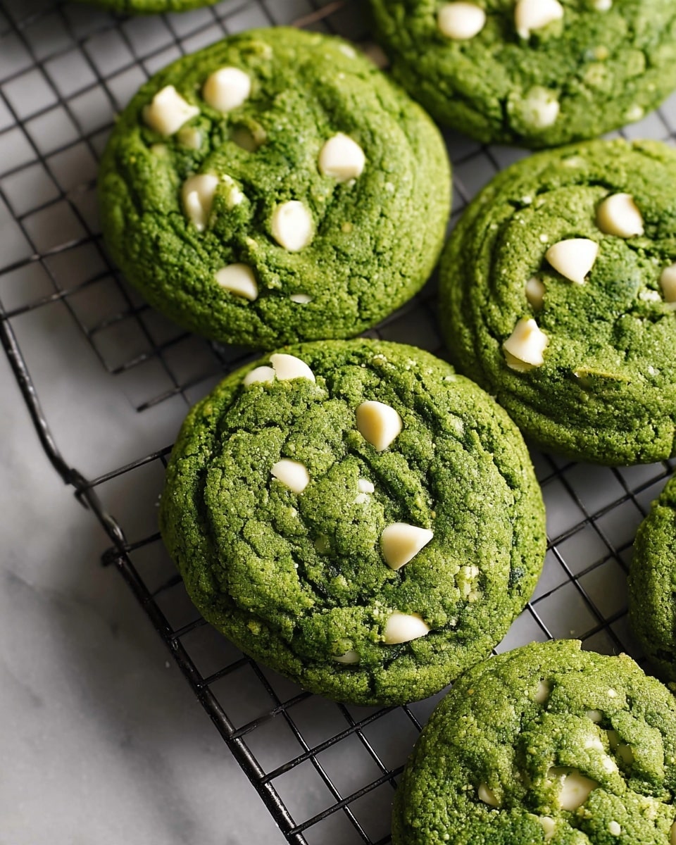 The image shows a group of round cookies with a vibrant green color, each dotted with chunks of creamy white chocolate on the top and throughout the cookie. The cookies have a soft, slightly cracked texture and are placed on a black wire cooling rack, which rests on a white marbled surface. The cookies are close together, creating a cozy, fresh-baked look. photo taken with an iphone --ar 4:5 --v 7