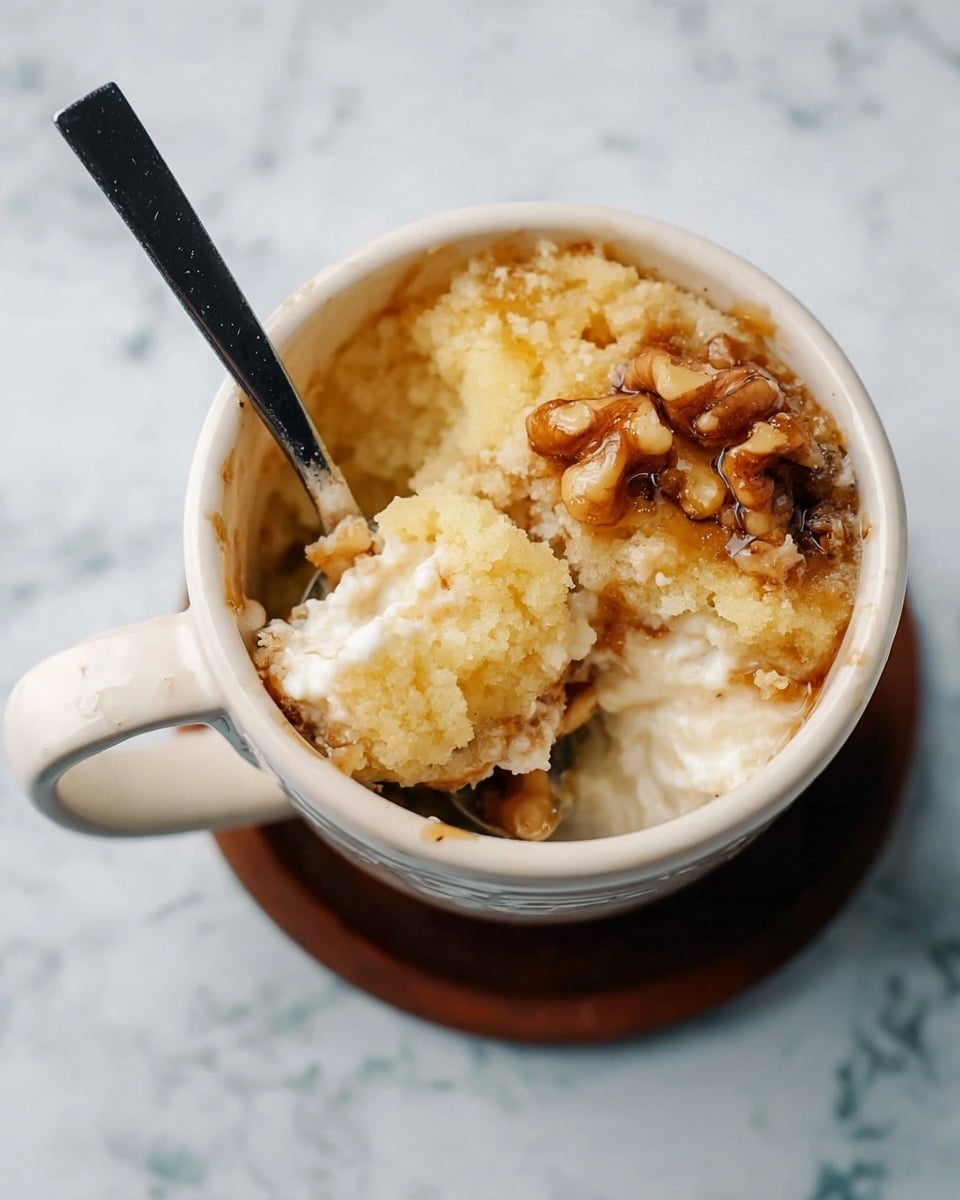 A white mug filled with a dessert that has three main layers: a light yellow crumbly cake layer on top with a slightly soft texture, a creamy white layer underneath that looks smooth, and scattered walnut pieces on the upper layer adding a rough texture and a honey drizzle that gives a shiny look. A black spoon is inside the mug, with part of the cake scooped up. The mug sits on a round dark wooden coaster on a white marbled surface. photo taken with an iphone --ar 4:5 --v 7