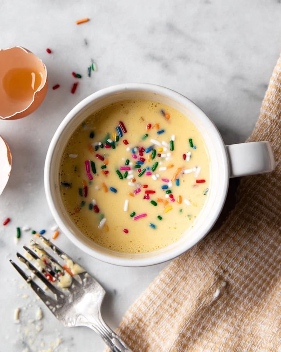 A white mug filled with a smooth, pale yellow batter, topped with small, colorful sprinkles scattered evenly on the surface. The mug sits on a white marbled surface with a half eggshell to the left and a fork with some batter remnants to the right. A beige and white checkered cloth is placed on the bottom right corner of the image. photo taken with an iphone --ar 4:5 --v 7