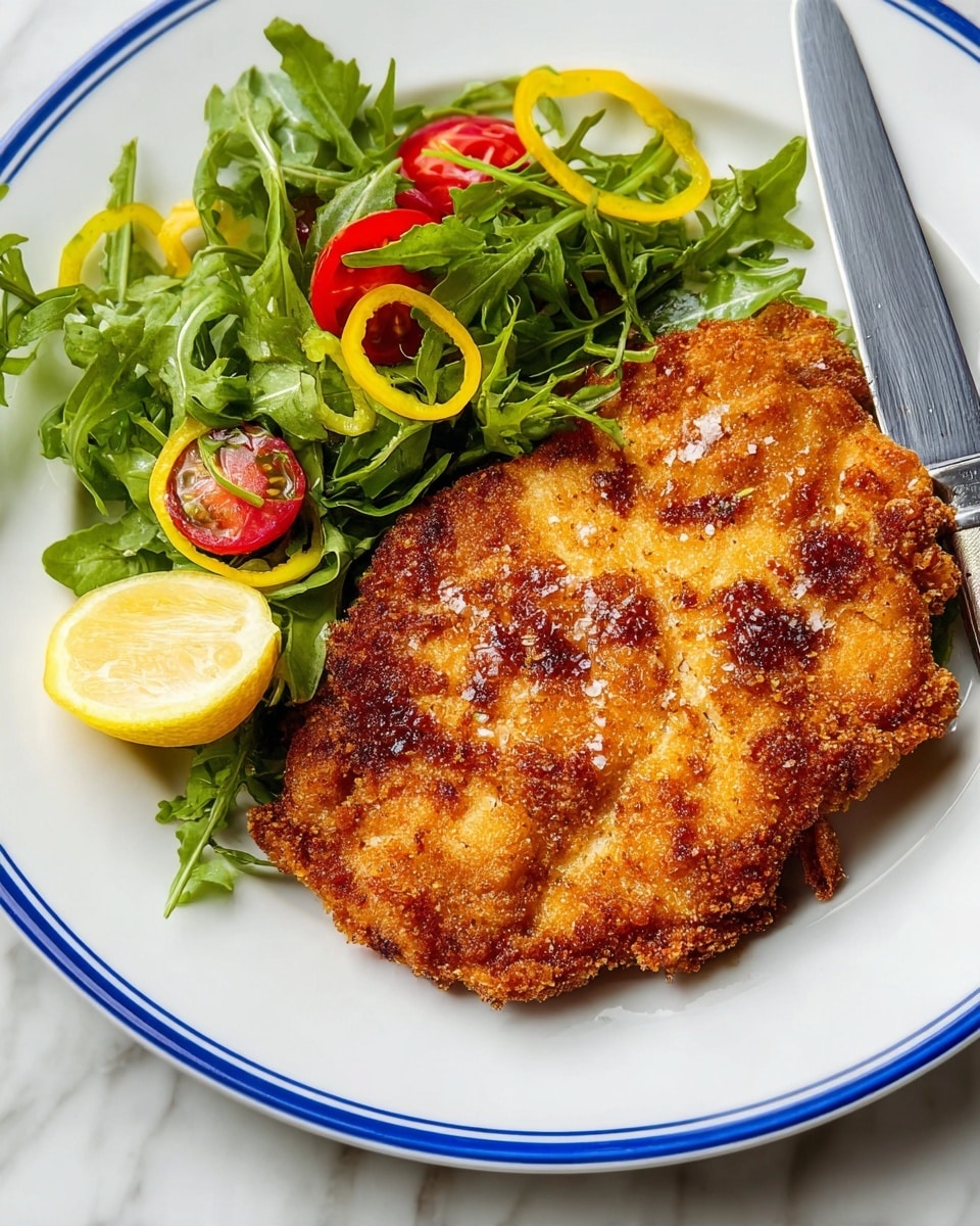 A white plate with a blue rim holds a golden brown, crispy fried chicken cutlet placed slightly right of center, showing a crunchy textured surface with some darker browned spots and flakes of salt. To the left of the cutlet, there is a fresh salad layer with vibrant green arugula leaves, thin yellow and red bell pepper rings, and halved cherry tomatoes in red and yellow hues. A bright yellow lemon half sits near the bottom left of the plate on top of the salad. A white-handled knife rests partly under the chicken, with its blade pointing right on a white marbled surface background. Photo taken with an iphone --ar 4:5 --v 7