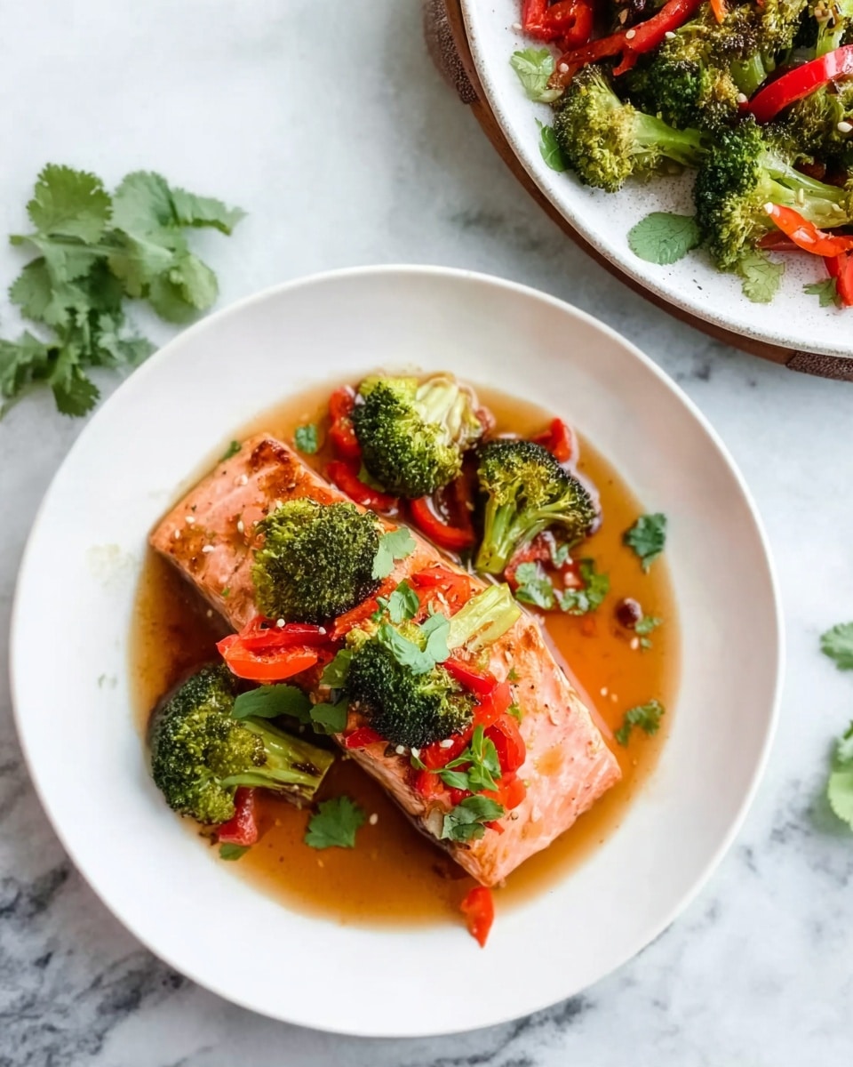 A white plate holds a piece of cooked salmon with a pinkish-orange color and moist texture, topped with bright green broccoli florets and thin red bell pepper strips. Small green cilantro leaves are scattered on top and around the salmon, adding a fresh look. The salmon and vegetables sit in a light brown sauce that adds shine and moisture to the dish. In the upper right corner, part of a white plate filled with more of the same broccoli and red bell peppers is visible. The background is a white marbled surface with a small bunch of cilantro leaves placed on it. Photo taken with an iphone --ar 4:5 --v 7