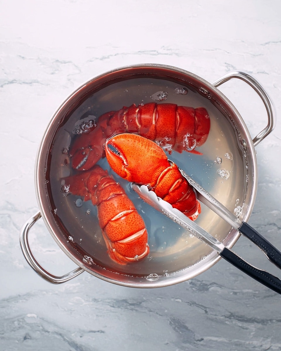 A silver pot filled with clear water contains three bright red lobster tails curling inward. One lobster tail is held above the water near the right side of the pot by a pair of black and silver tongs. The pot sits on a white marbled surface, showing the blue-grey reflection inside the pot and the light details of the water. Photo taken with an iphone --ar 4:5 --v 7