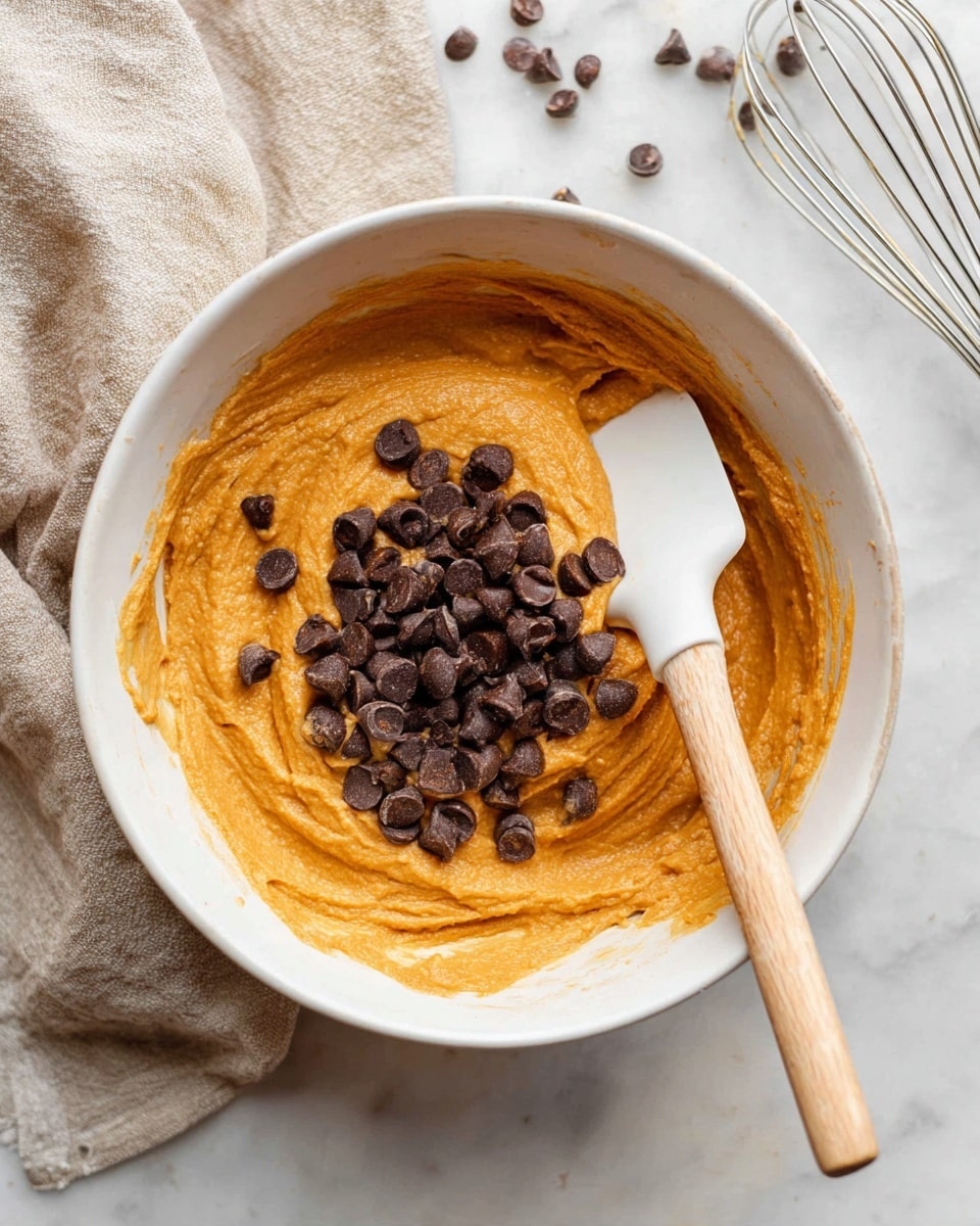 A white bowl filled with thick, smooth orange batter that almost fills the bowl, with dark brown chocolate chips scattered on top in the center. A spatula with a light wooden handle and white silicone head rests in the batter, slightly lifting it. The bowl sits on a white marbled surface. A beige cloth is partially visible on the top left, and a metal whisk with a wooden handle lies diagonally on the top right. Photo taken with an iphone --ar 4:5 --v 7