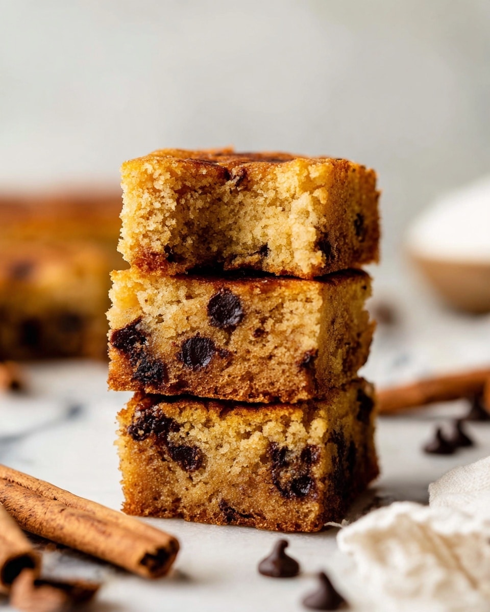 There are three stacked square pieces of soft, moist, golden-brown cake with dark brown chocolate chips inside. The cake has a crumbly texture. The top piece shows a small bite taken out of its corner. The background is a white marbled texture with some scattered chocolate chips and a couple of cinnamon sticks near the front. A part of a white cloth is seen in the bottom right corner. Photo taken with an iphone --ar 4:5 --v 7