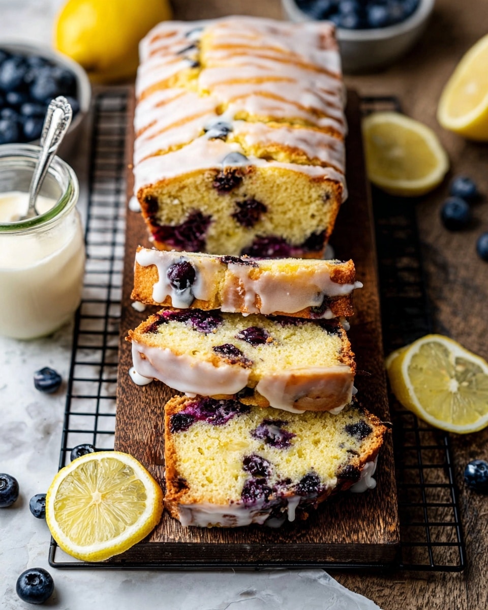 A loaf of blueberry lemon cake sits on a black wire rack over a wooden board with a white marbled background. The cake has four slices cut and laid out, showing a soft yellow crumb inside dotted with juicy dark blue blueberries. The top layer of the cake has a light golden crust drizzled with white icing. Around the cake, there are fresh lemon slices and whole blueberries scattered, along with a glass jar of white glaze with a silver spoon inside. photo taken with an iphone --ar 4:5 --v 7