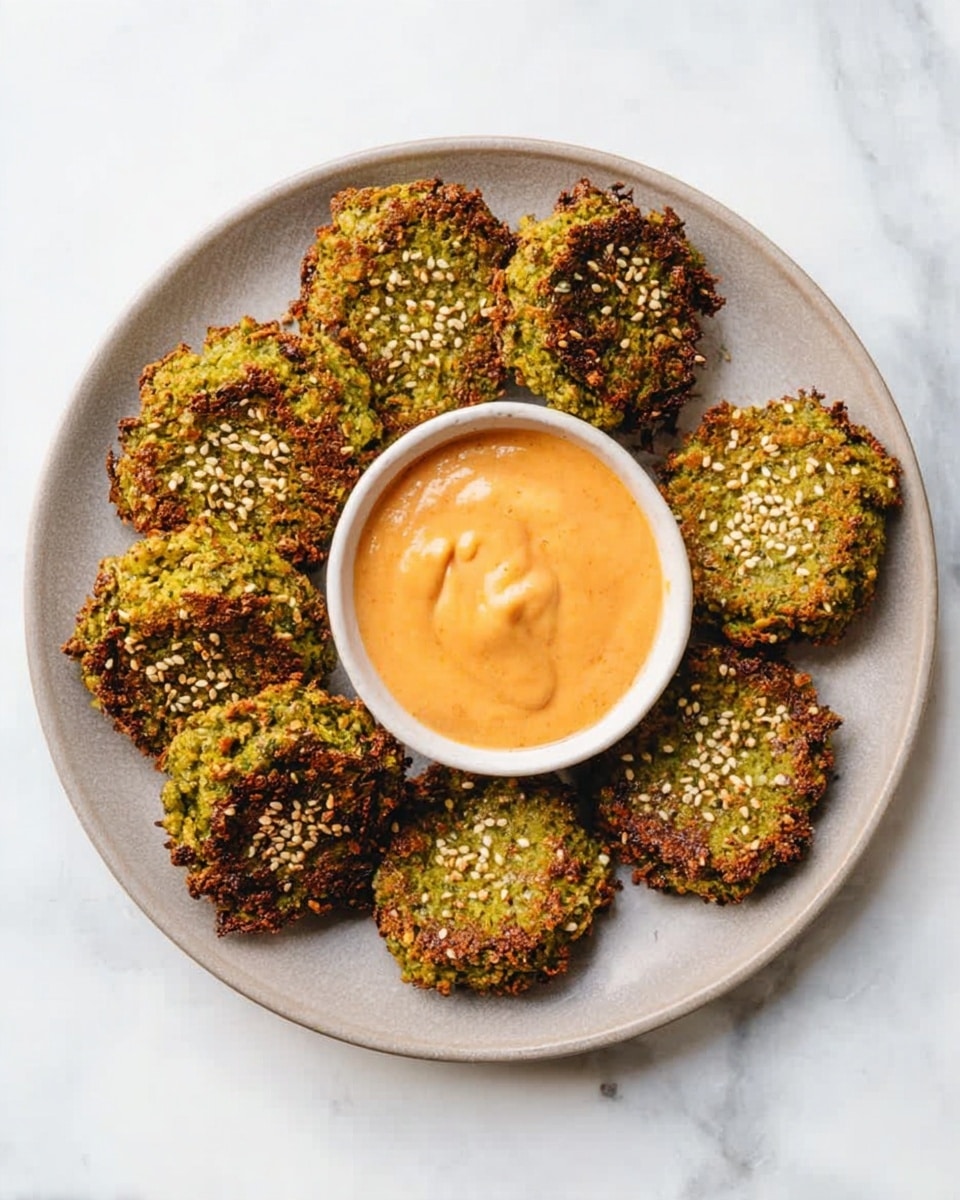 A light gray round plate holds nine crispy green falafel patties arranged in a semi-circle on one side, each patty showing a textured, crunchy surface with small sesame seeds sprinkled on top. In the middle of the plate is a small white bowl filled with a creamy orange dipping sauce. The plate sits on a white marbled textured surface. photo taken with an iphone --ar 4:5 --v 7