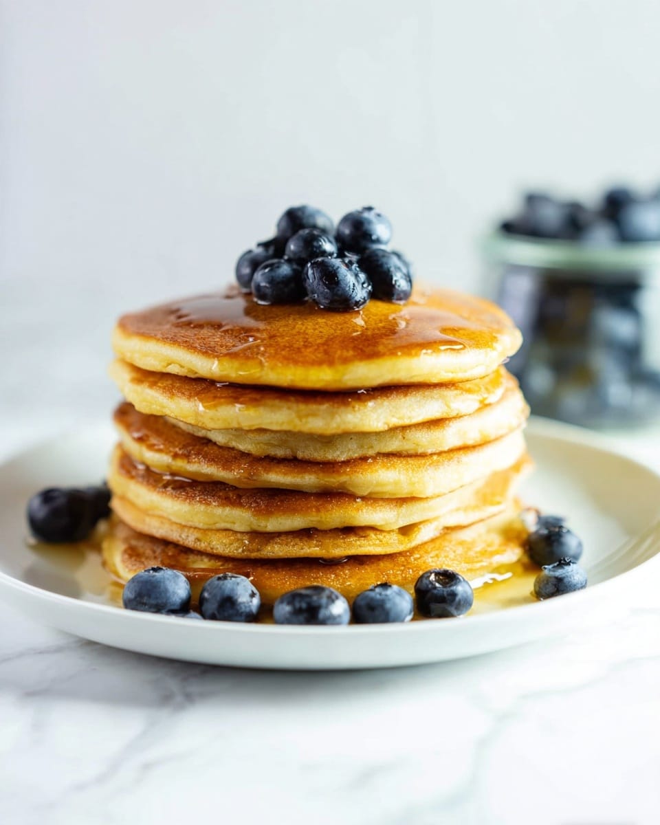 A tall stack of six thick golden brown pancakes sits in the center of a white plate on a white marbled surface. The pancakes have a smooth and fluffy texture with lightly browned edges. A small pile of fresh, shiny dark blue blueberries is neatly placed on top of the stack, with a few more scattered around the base on the plate. The top pancake glistens with a light drizzle of syrup that runs slightly down the sides. In the soft-focused background, a clear jar filled with more blueberries adds depth to the image. photo taken with an iphone --ar 4:5 --v 7