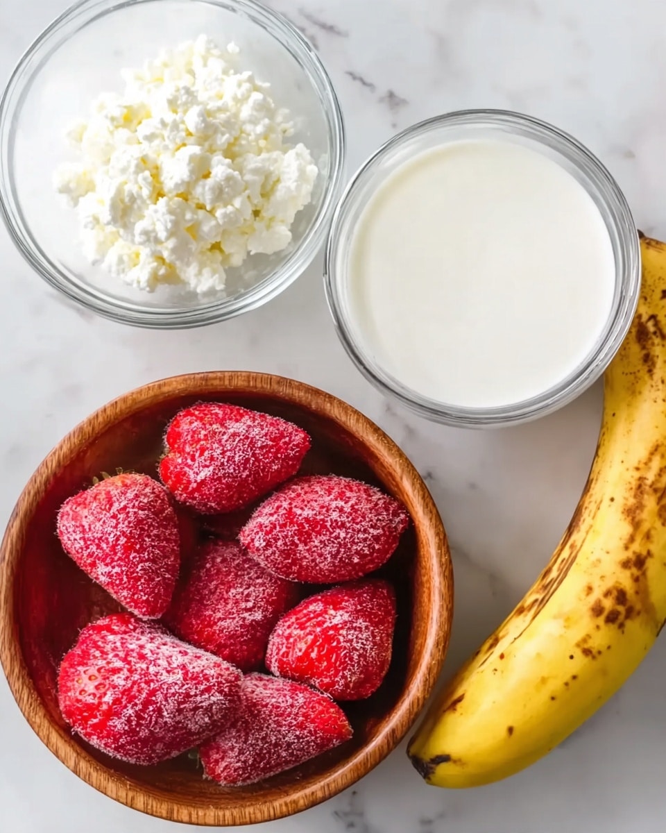 A wooden bowl holds seven large red frozen strawberries with frost on their surface. Above it, a clear glass bowl is filled with white cottage cheese, showing soft lumps. To the right, another clear glass bowl contains white milk, smooth and full. A yellow ripe banana with brown spots rests beside the bowls, placed on a white marbled surface. The overall scene is bright and clear, with natural light highlighting the colors and textures. photo taken with an iphone --ar 4:5 --v 7